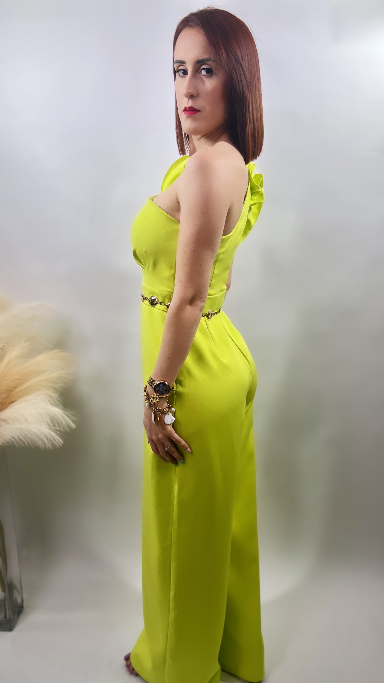 One Shoulder Jumpsuit with fish wired flower & ruffle