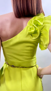 One Shoulder Jumpsuit with fish wired flower & ruffle