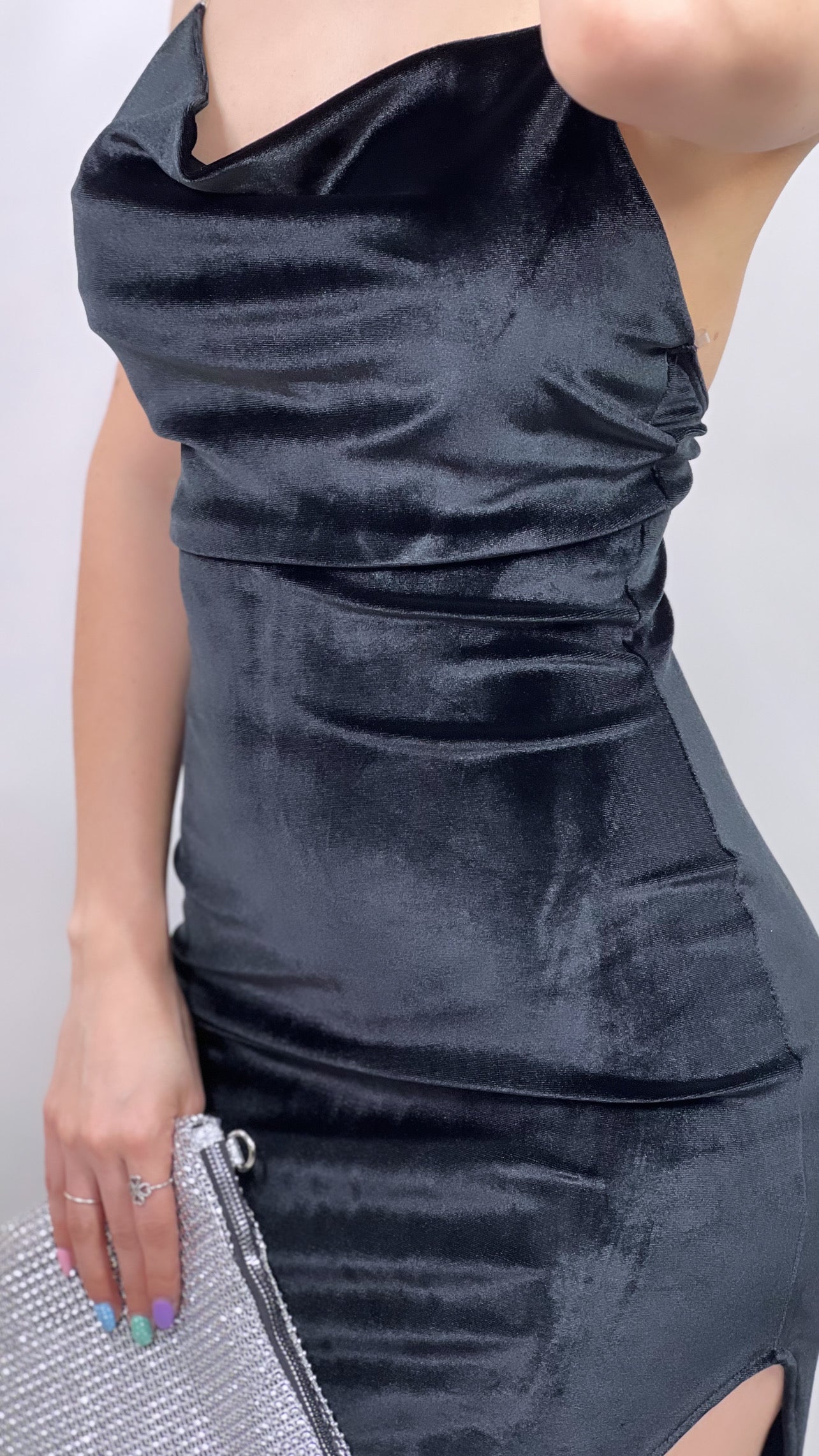 Jewel Detail Strap Velvet Long Dress with slit