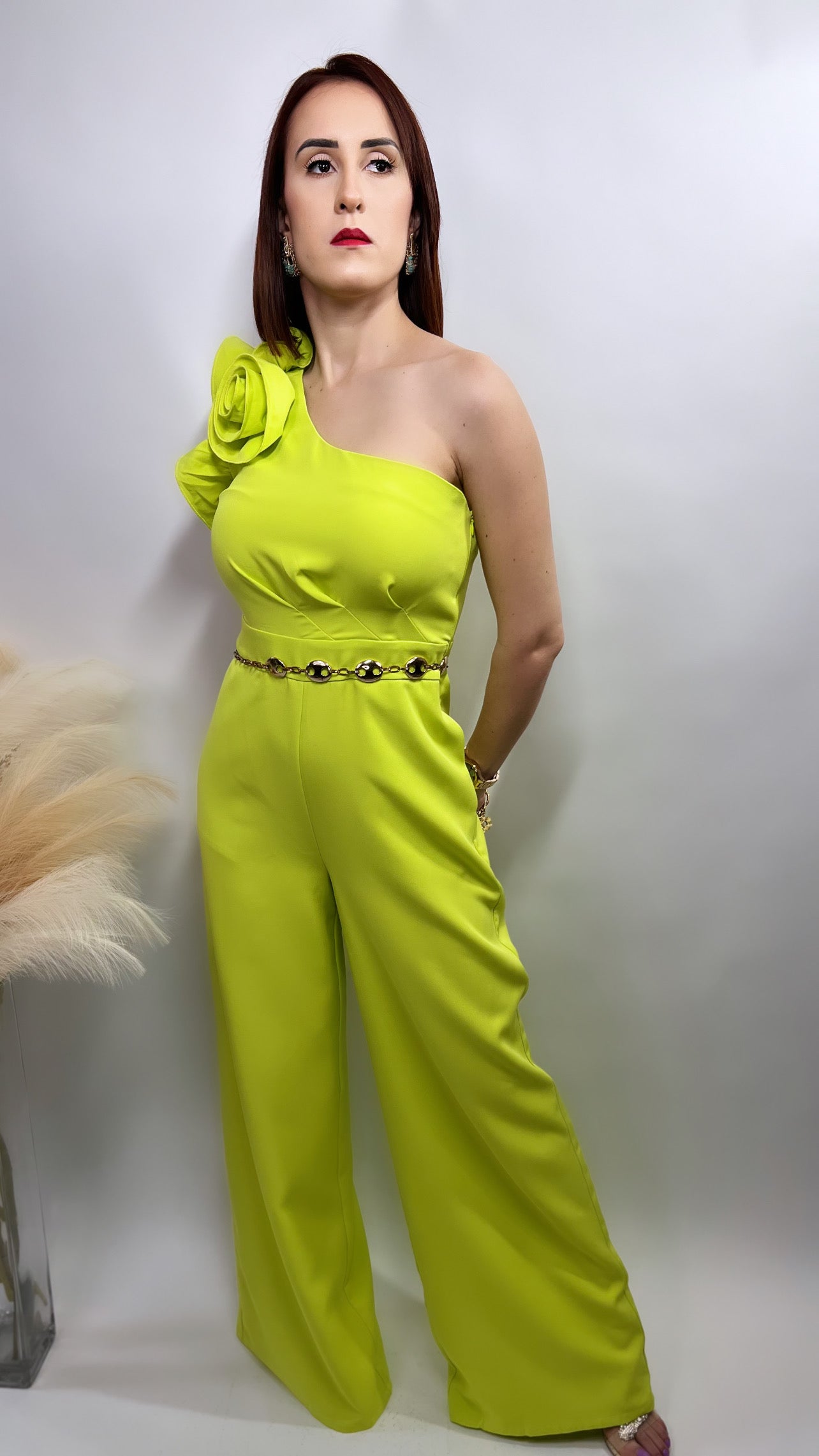 One Shoulder Jumpsuit with fish wired flower & ruffle