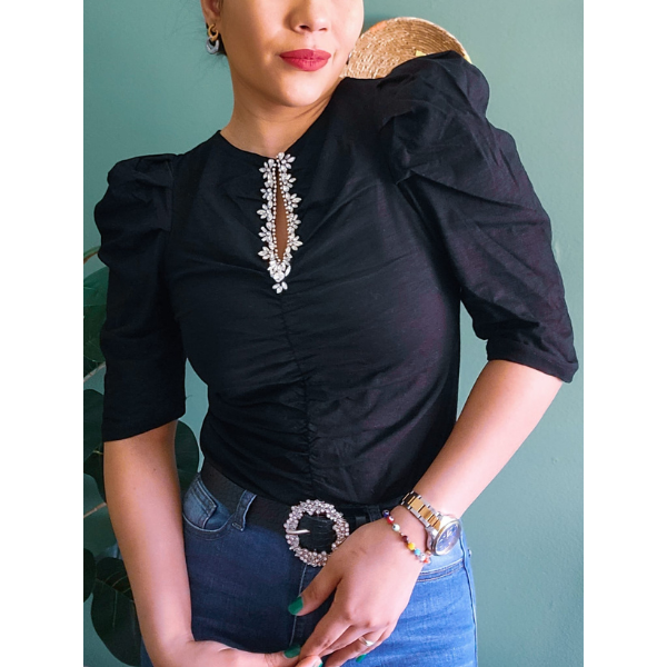 Half Puffed Rhinestone Detail Top