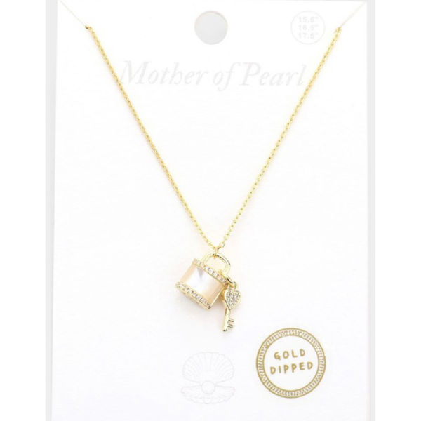 Gold Dipped Mother of Pearl Lock Key Necklace