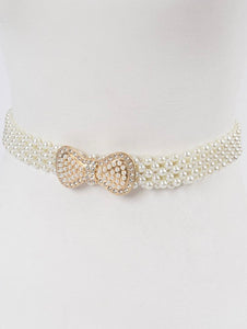 Elastic Pearl Waist Belt W/Ribbon Buckle