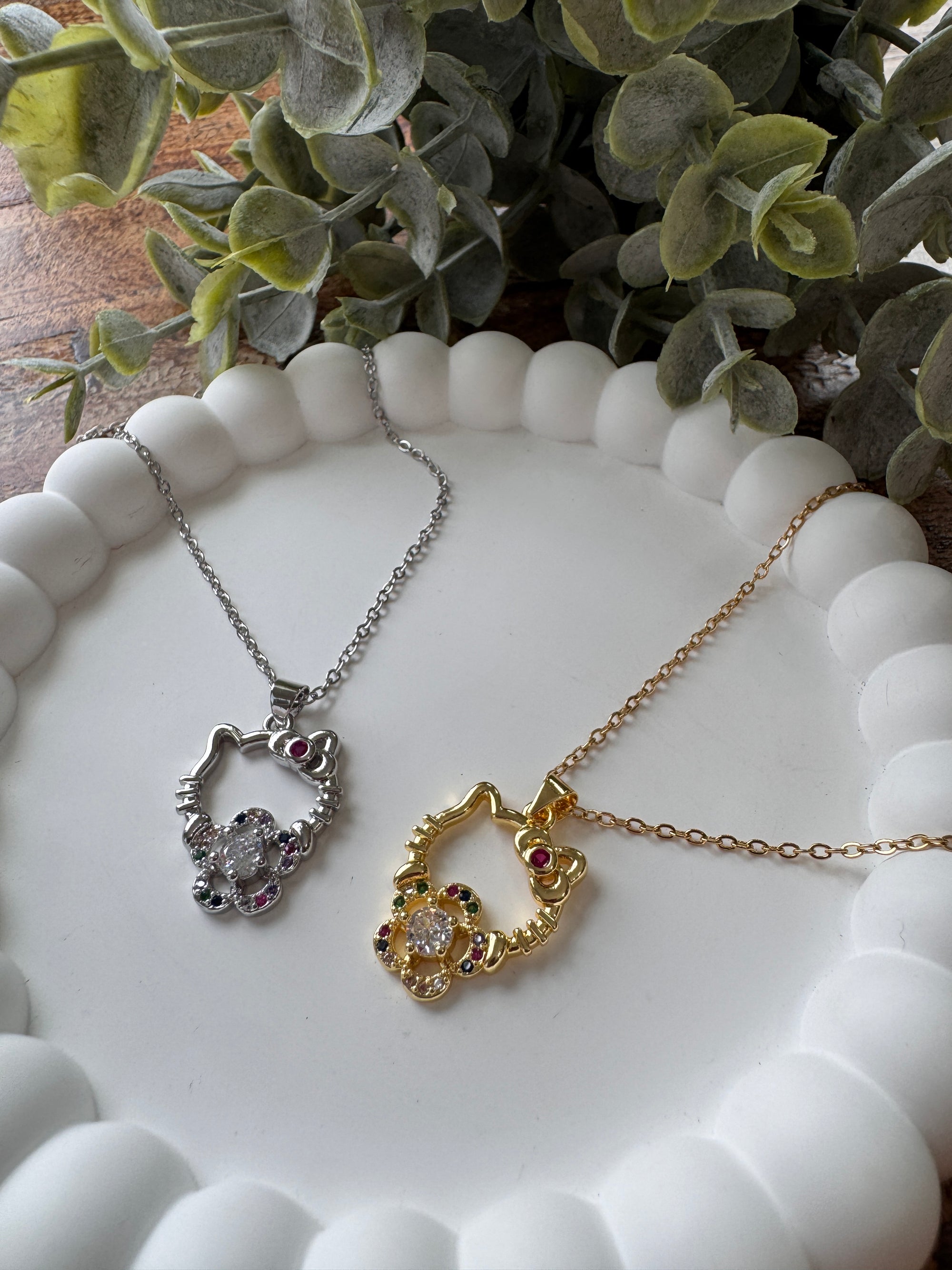 Stainless Steel Stone Paved Kitty Pendant Necklace