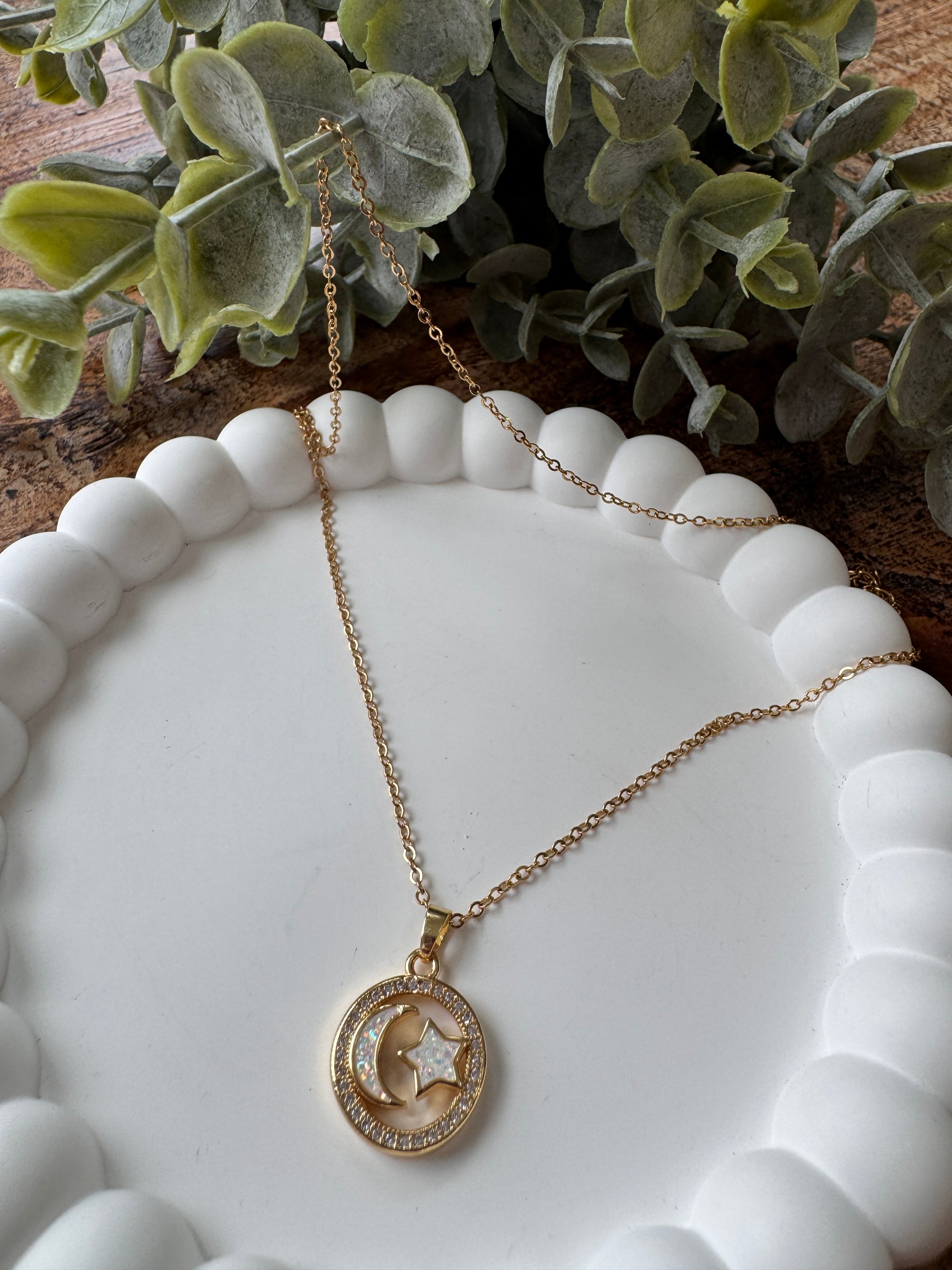 Stainless Steel Confetti Crescent Star Necklace