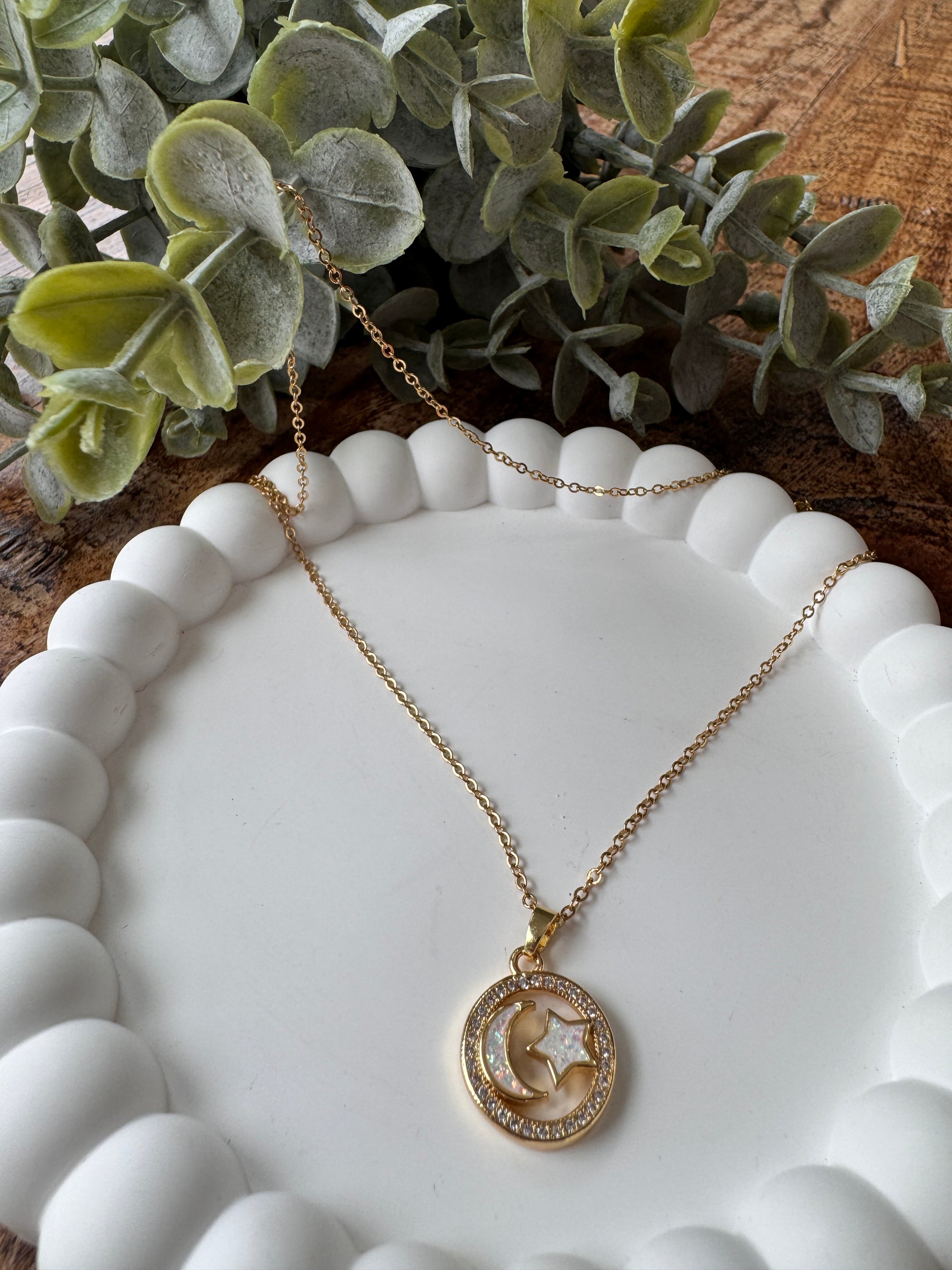 Stainless Steel Confetti Crescent Star Necklace