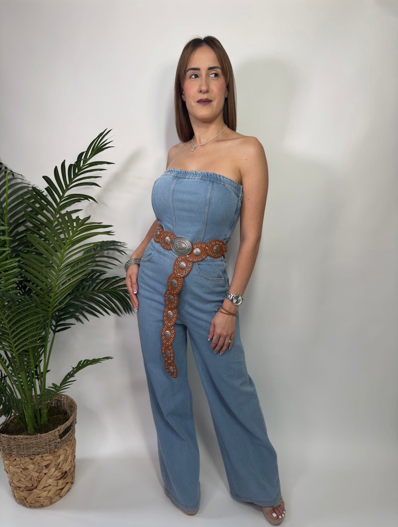 Elastic Tube Wide Leg Denim Jumpsuit