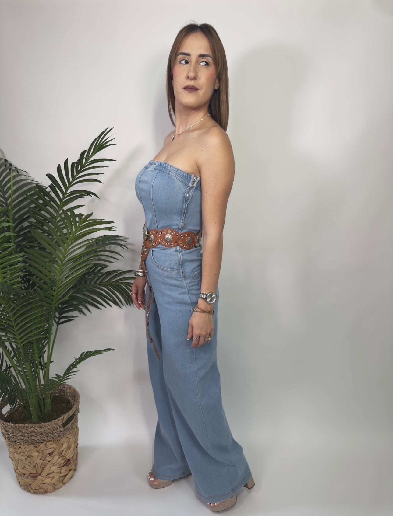 Elastic Tube Wide Leg Denim Jumpsuit