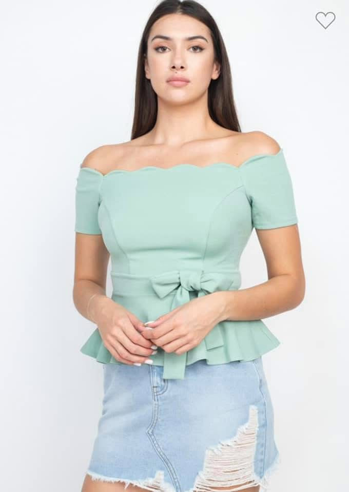 Off-Shoulder Belted Scalloped Top