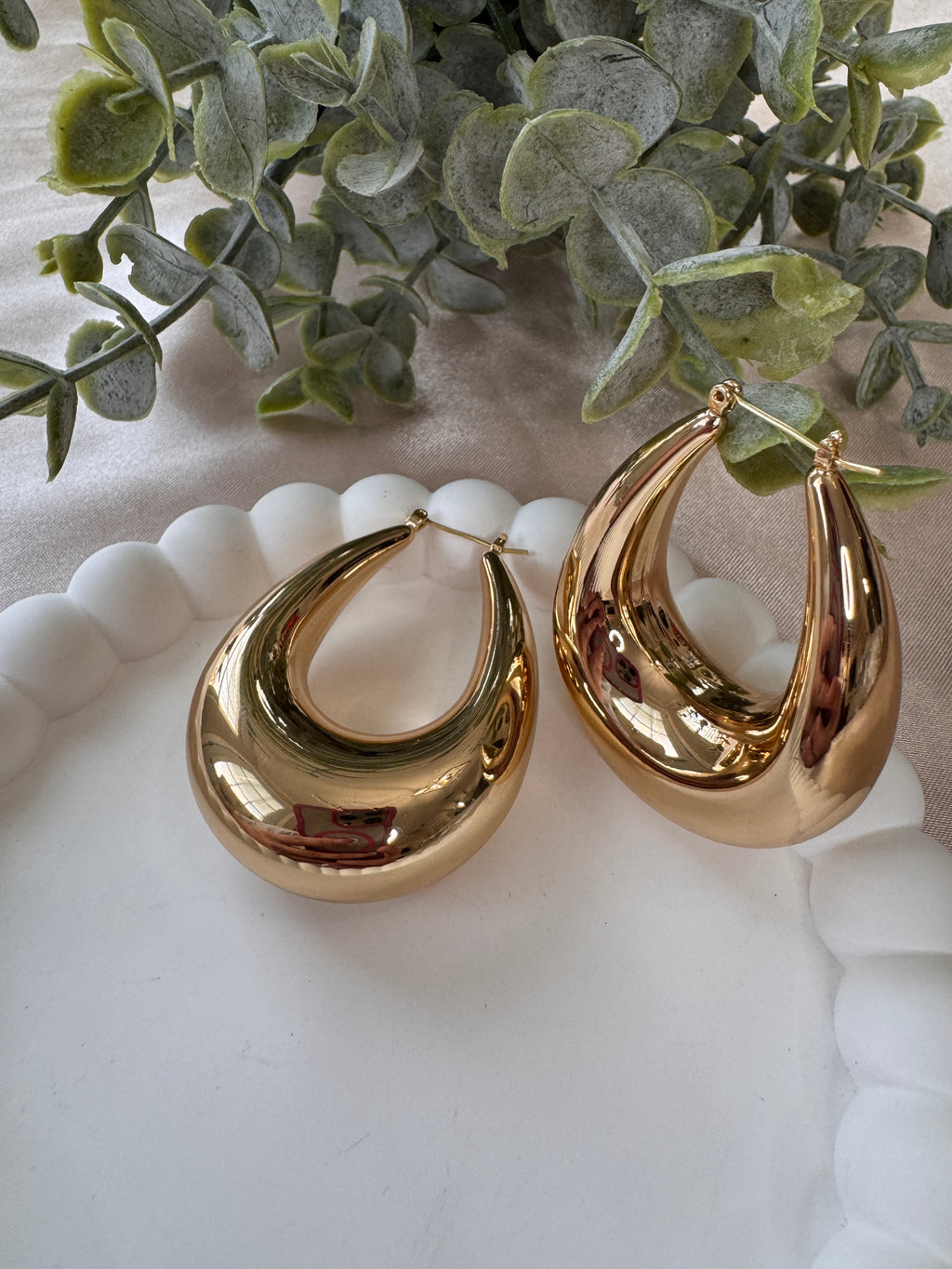 Gold Dipped Puffy Teardrop Pin Catch Hoop Earrings