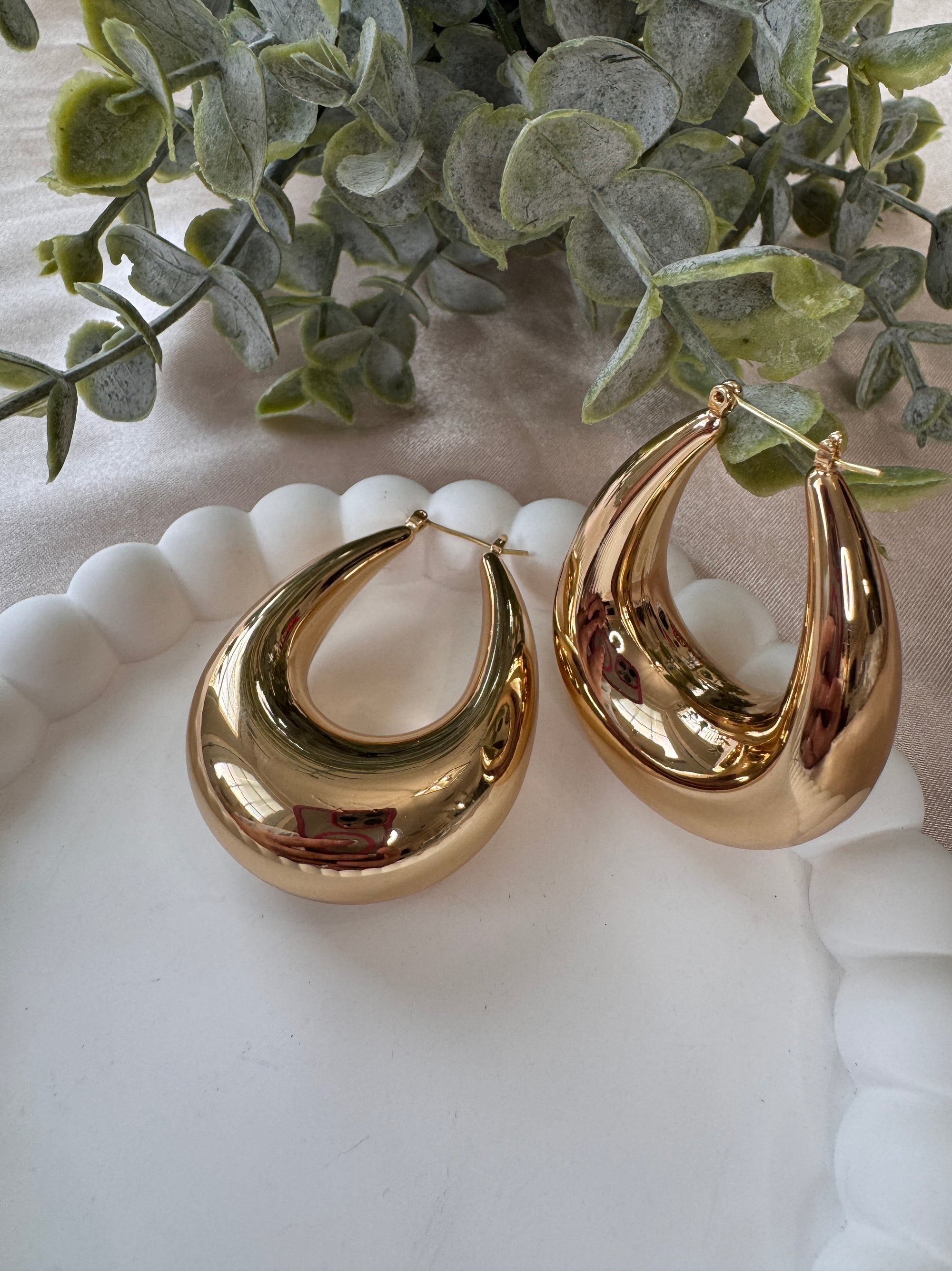 Gold Dipped Puffy Teardrop Pin Catch Hoop Earrings