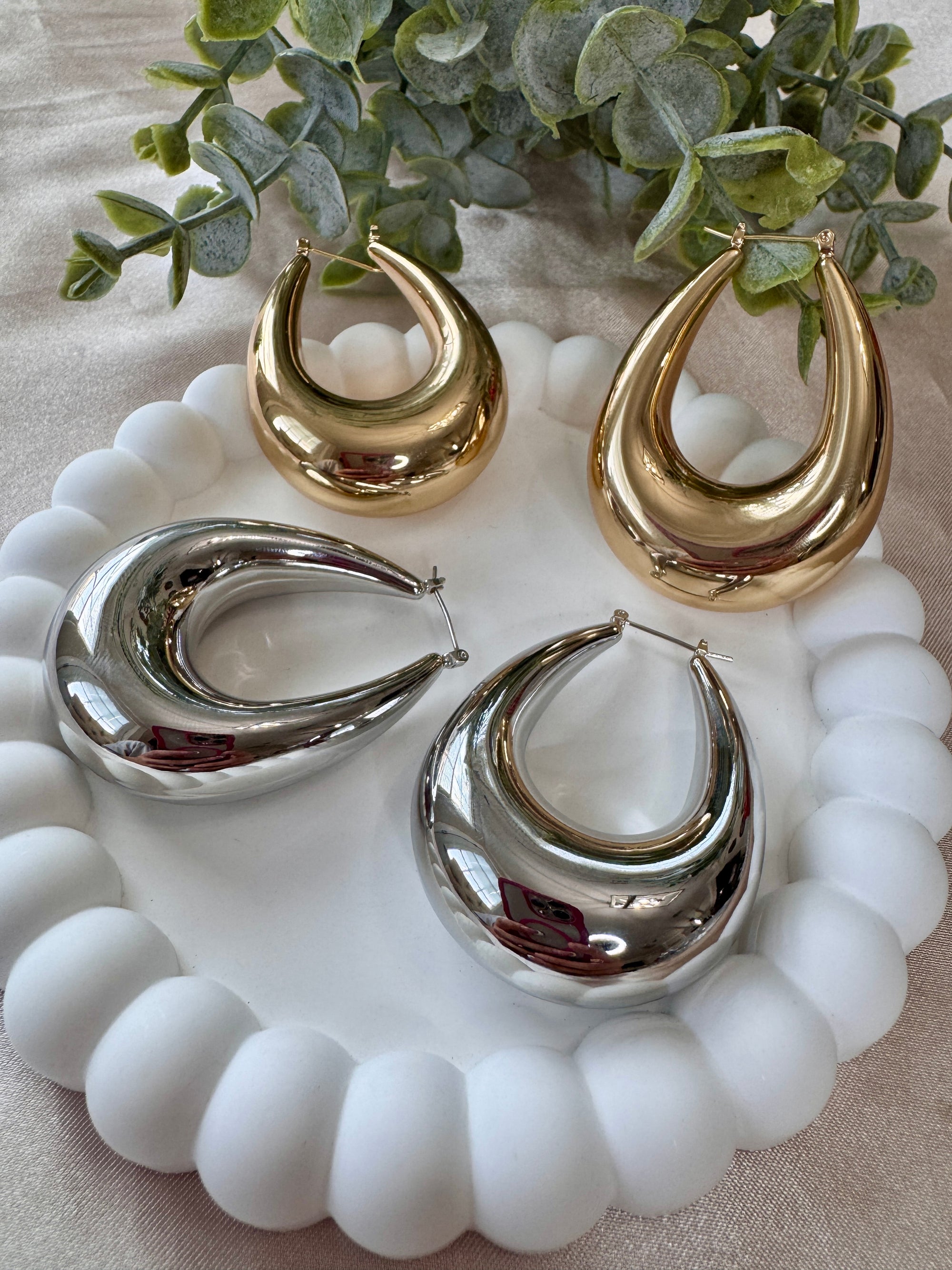 Gold Dipped Puffy Teardrop Pin Catch Hoop Earrings