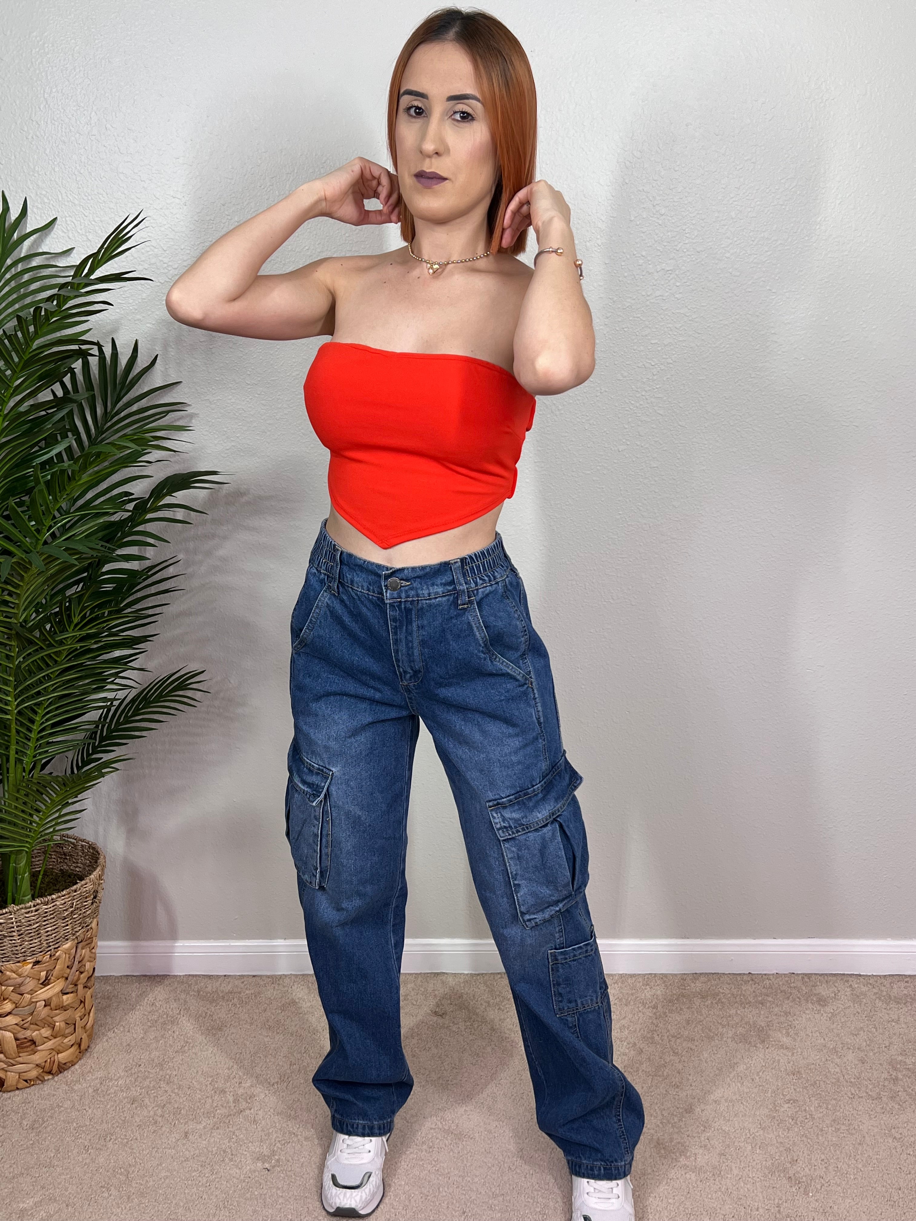 High Waisted Denim Cargo Jean