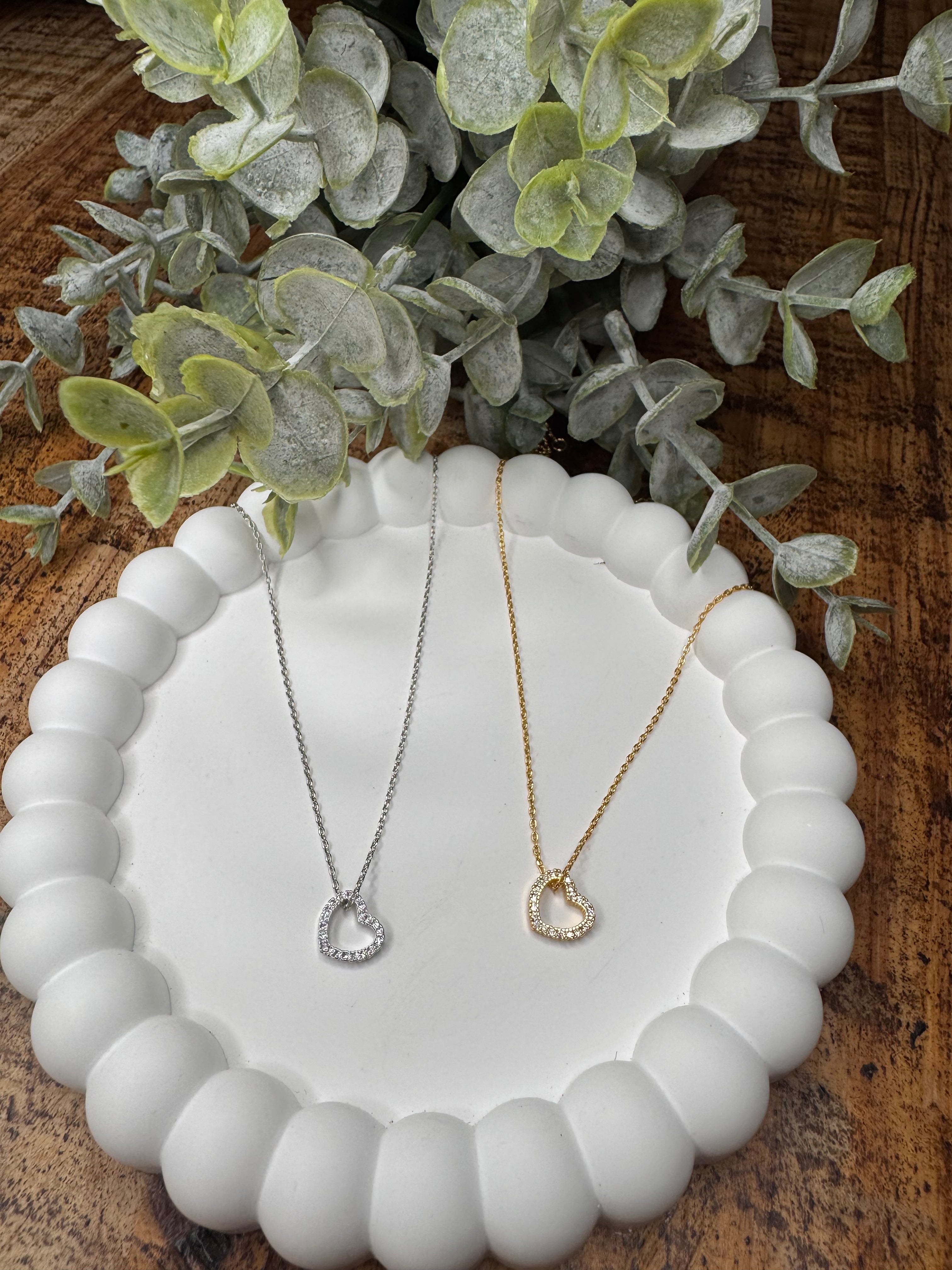 White Gold Dipped Stone Paved Heart Necklace