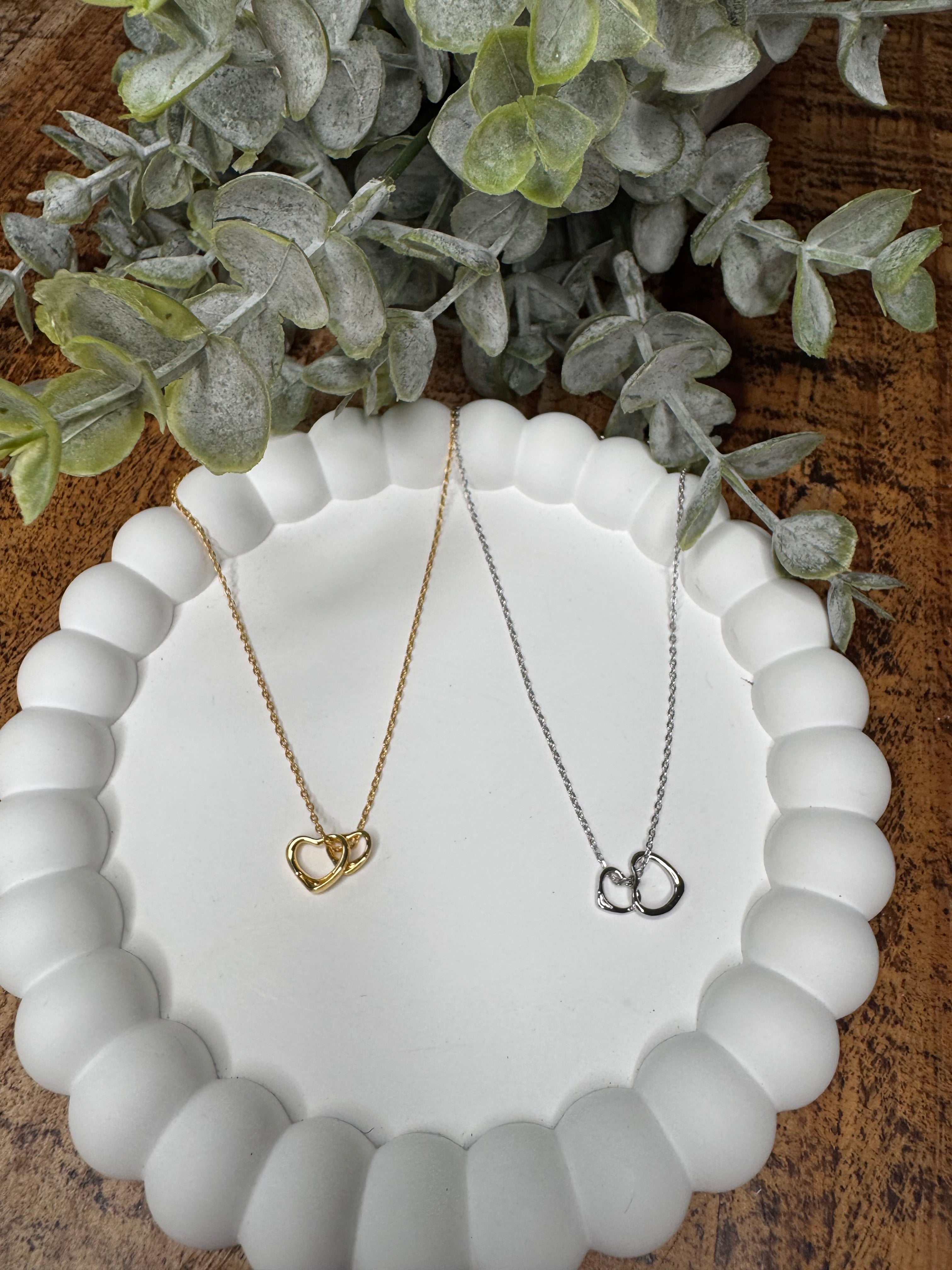 White Gold Dipped Double Heart Pendant Necklace