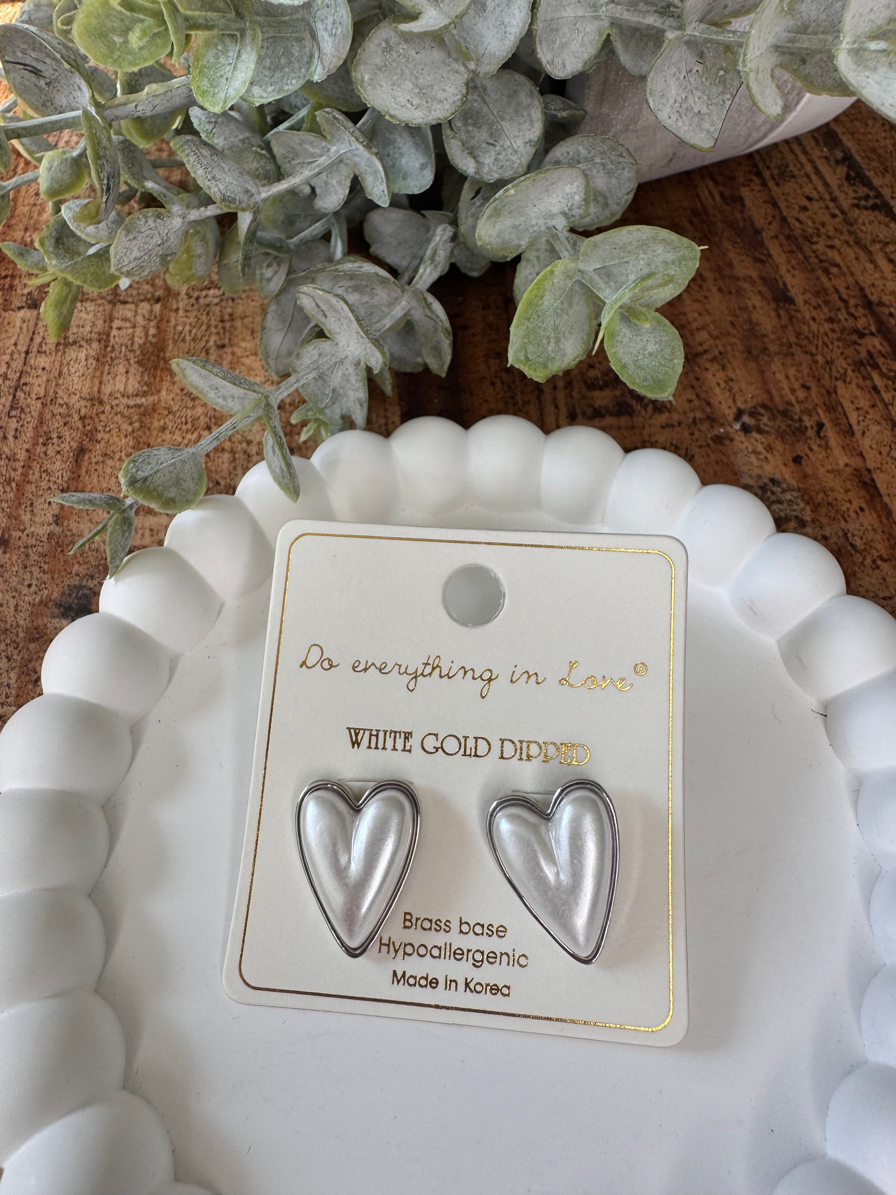 White Gold Dipped Pearl Heart Stud Earrings