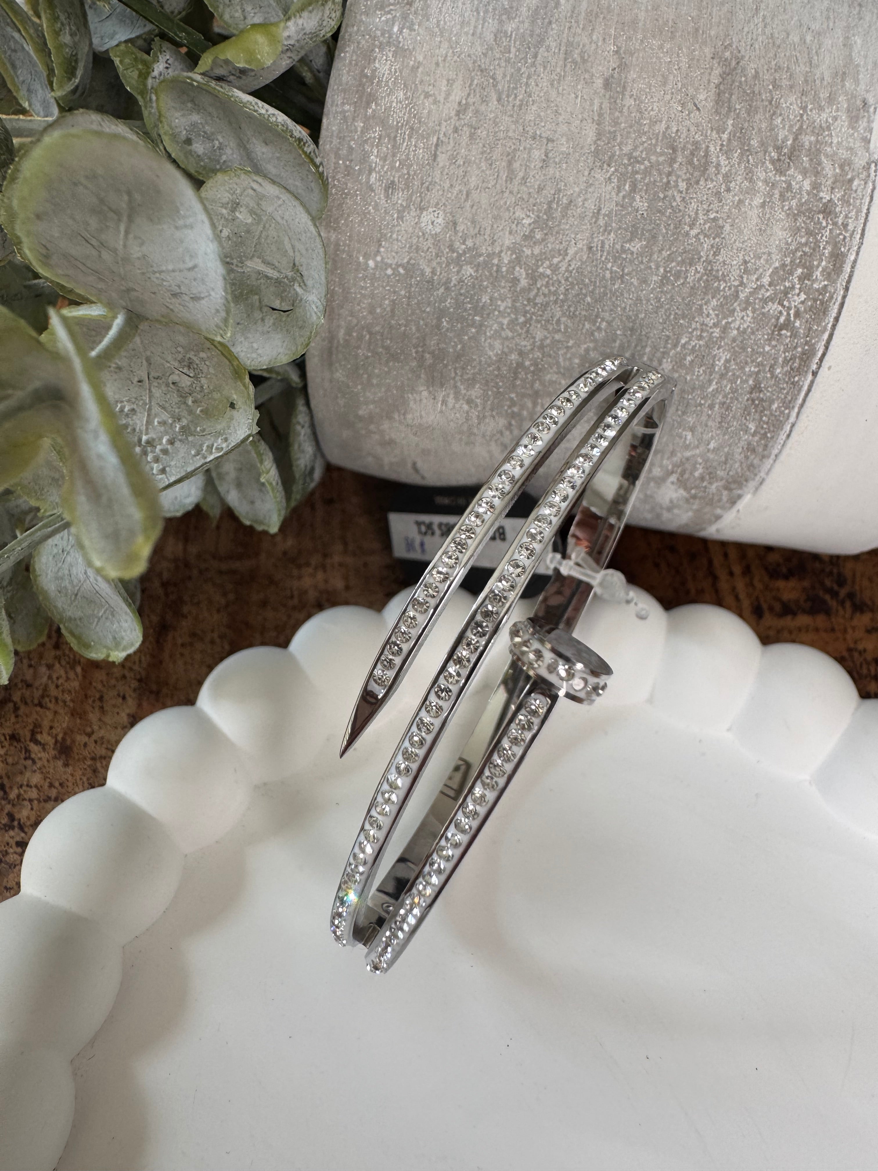 Stone Paved Nail Stainless Steel Hinged Bracelet