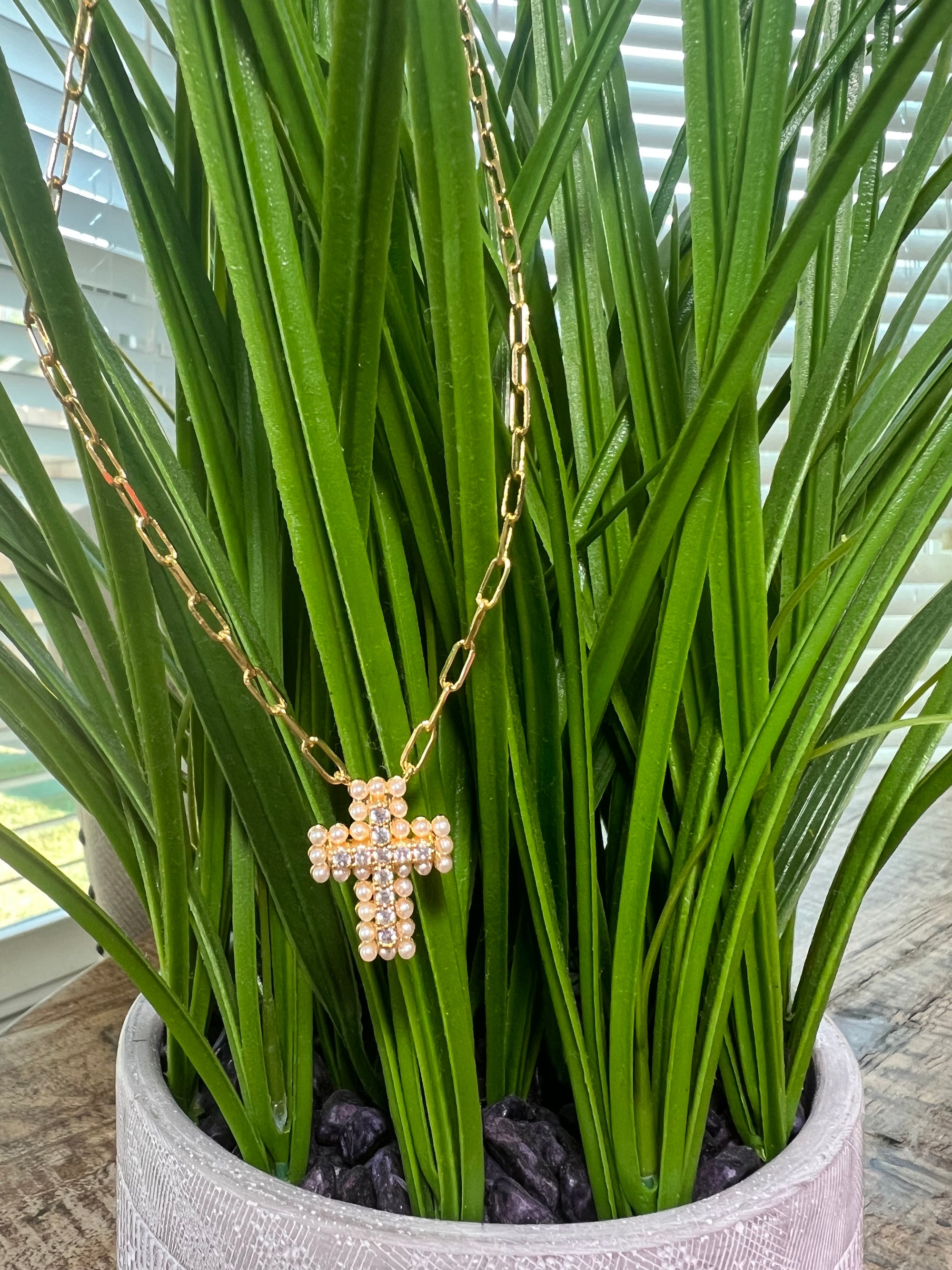 Gold Dipped Stone Pearl Cross Pendant Necklace