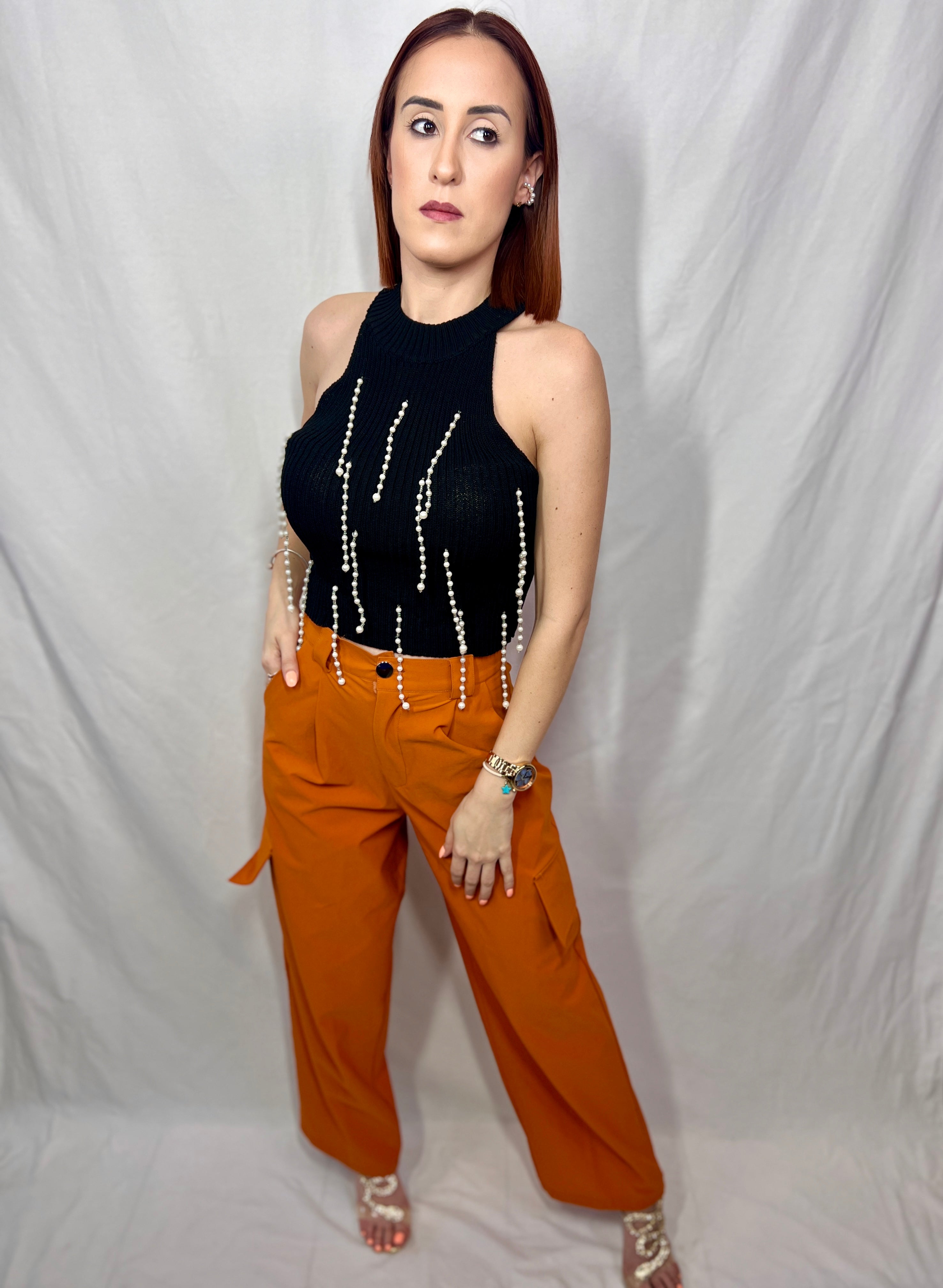 Rhinestones Fringe Halter Crop Tees