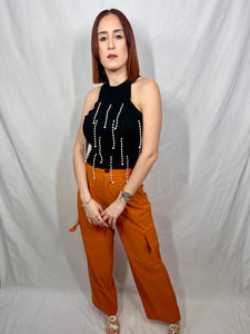 Rhinestones Fringe Halter Crop Tees