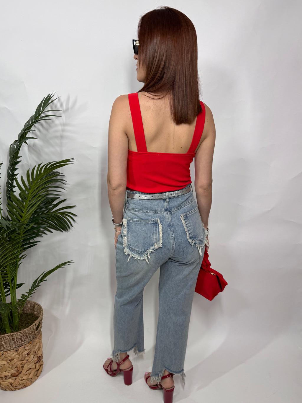 Rhinestone Bow V-Neck Solid Top