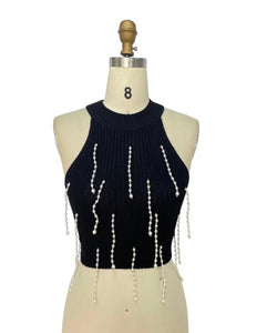Rhinestones Fringe Halter Crop Tees
