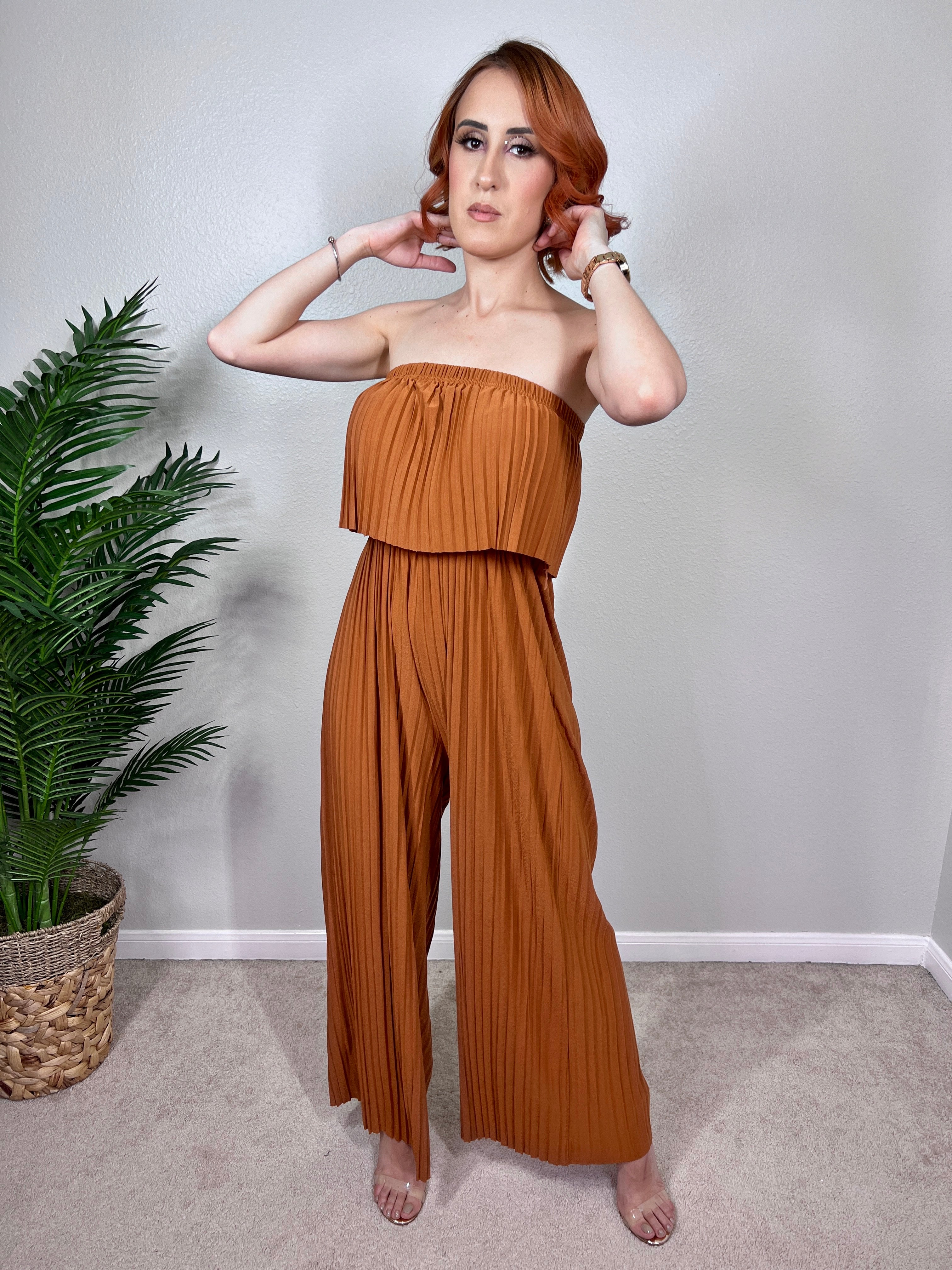Pleated Strapless Wide-leg Jumpsuit