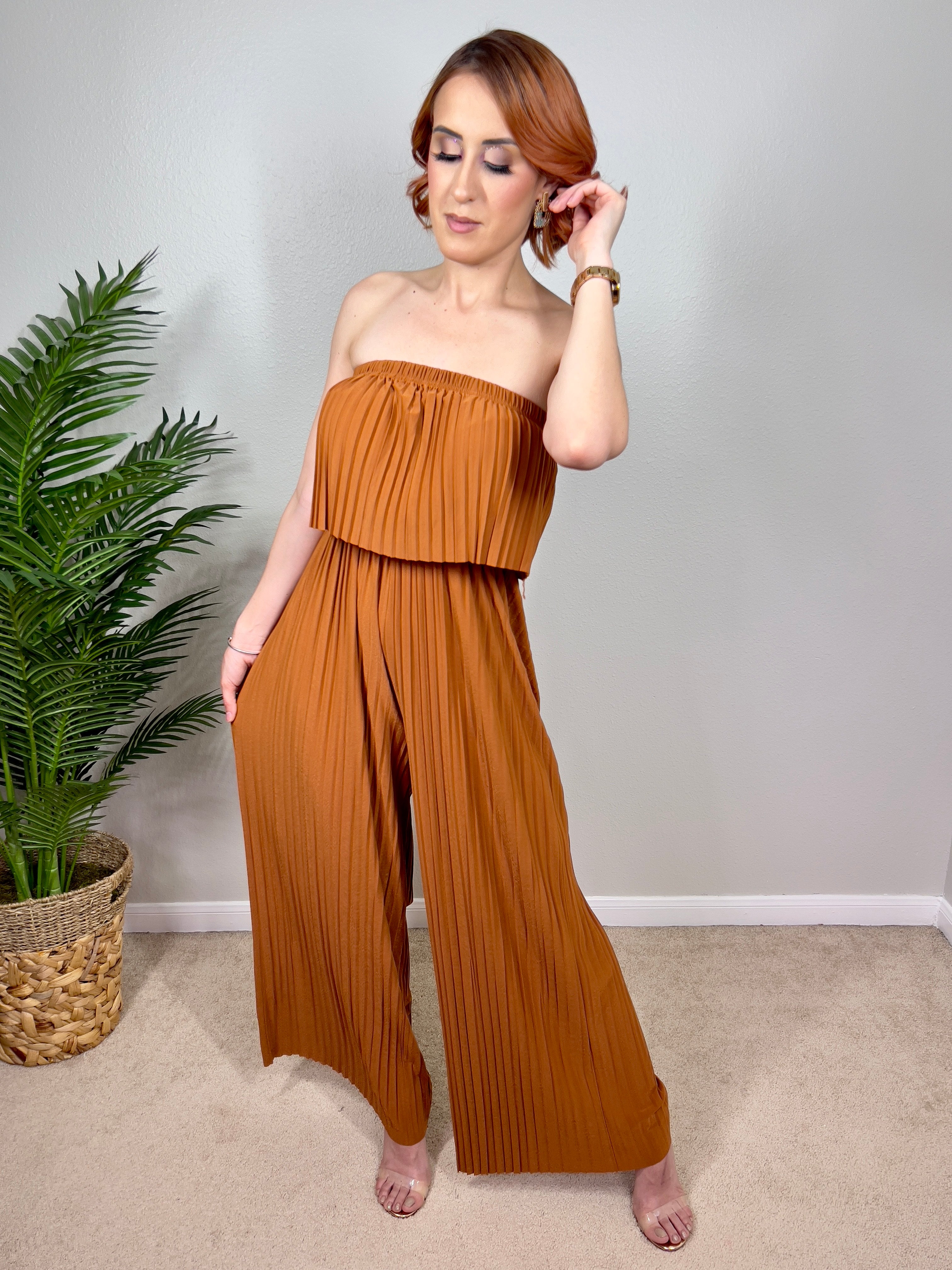 Pleated Strapless Wide-leg Jumpsuit