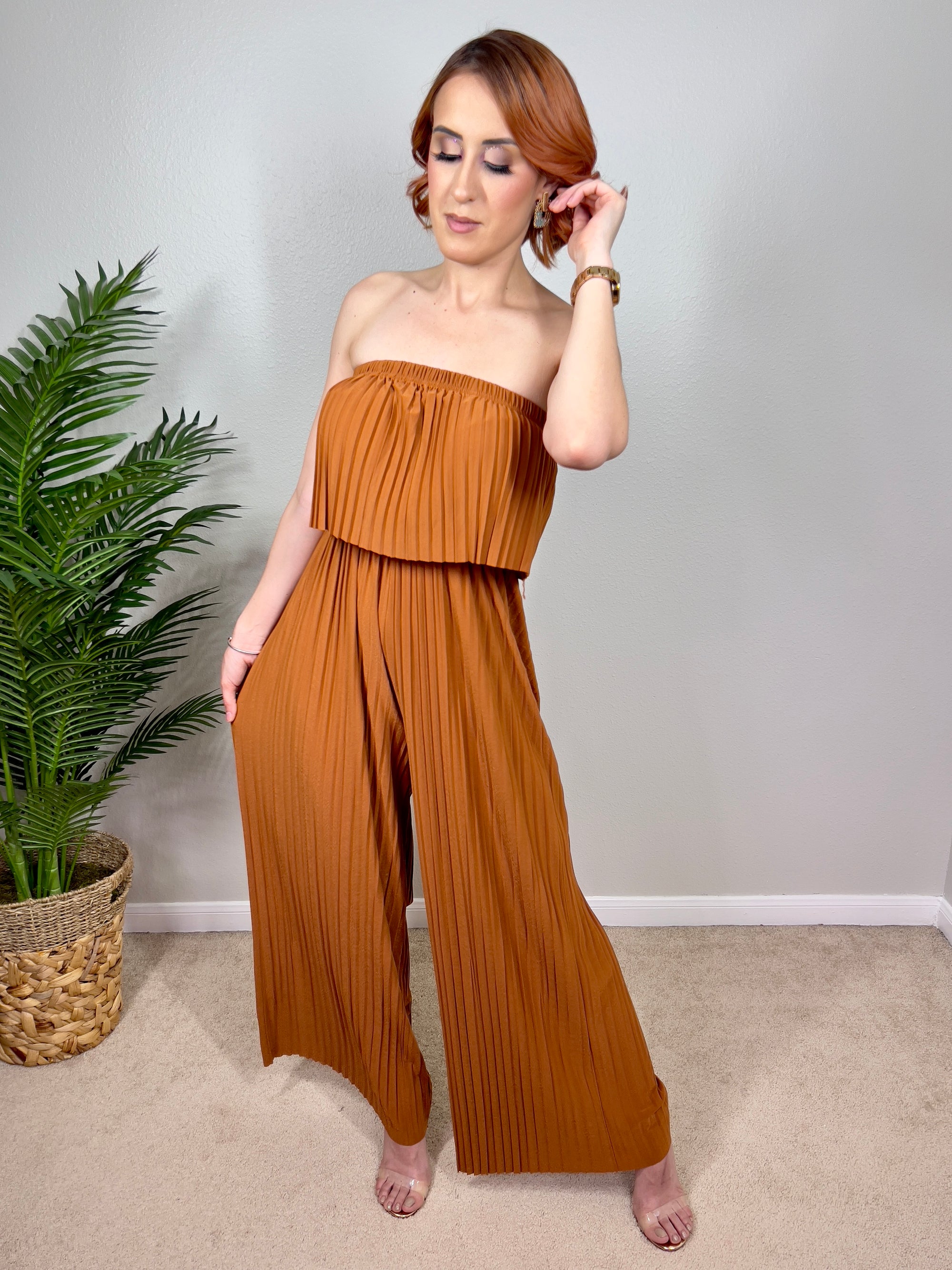 Pleated Strapless Wide-leg Jumpsuit