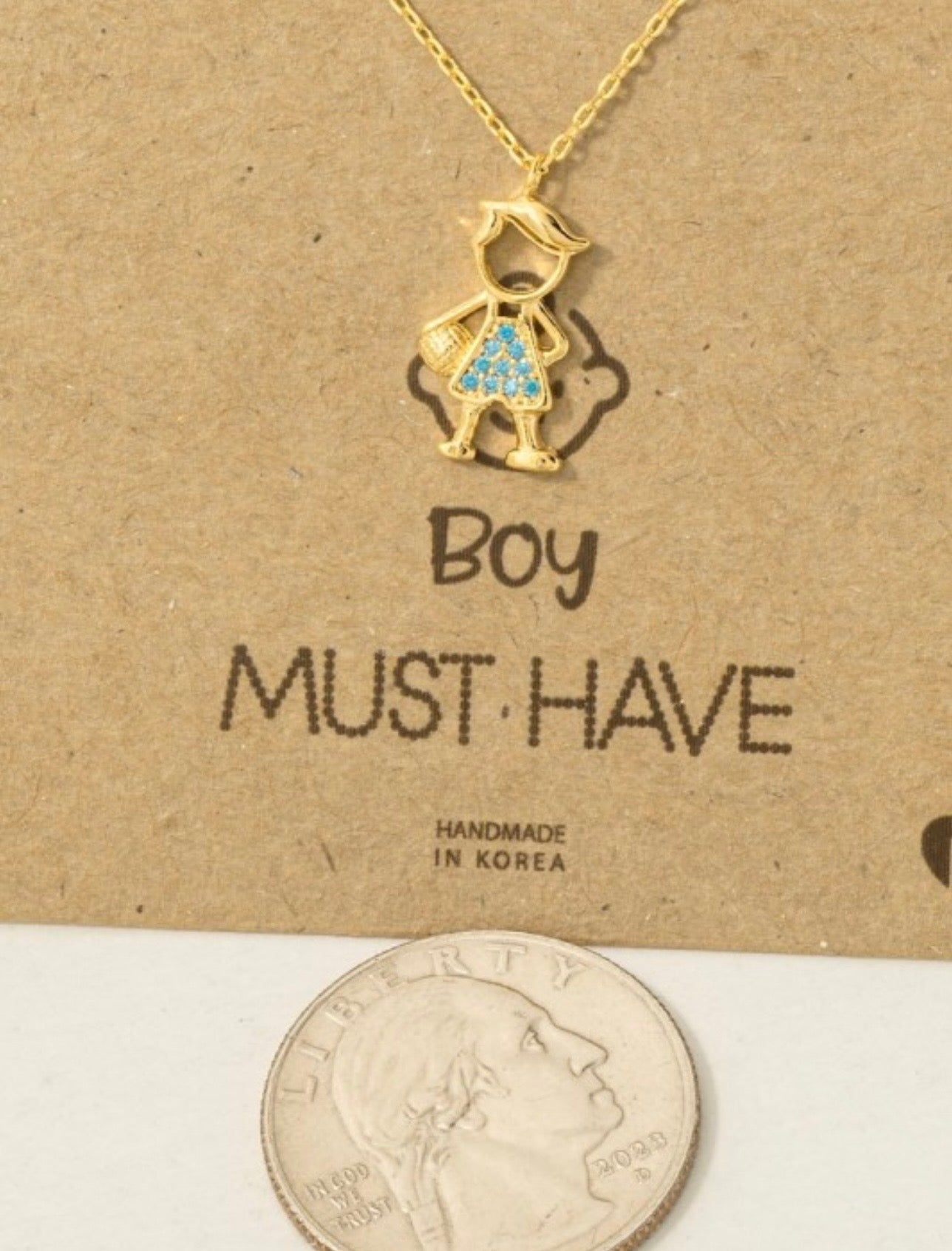 Gold Dipped Studded Boy Figure Pendant Necklace