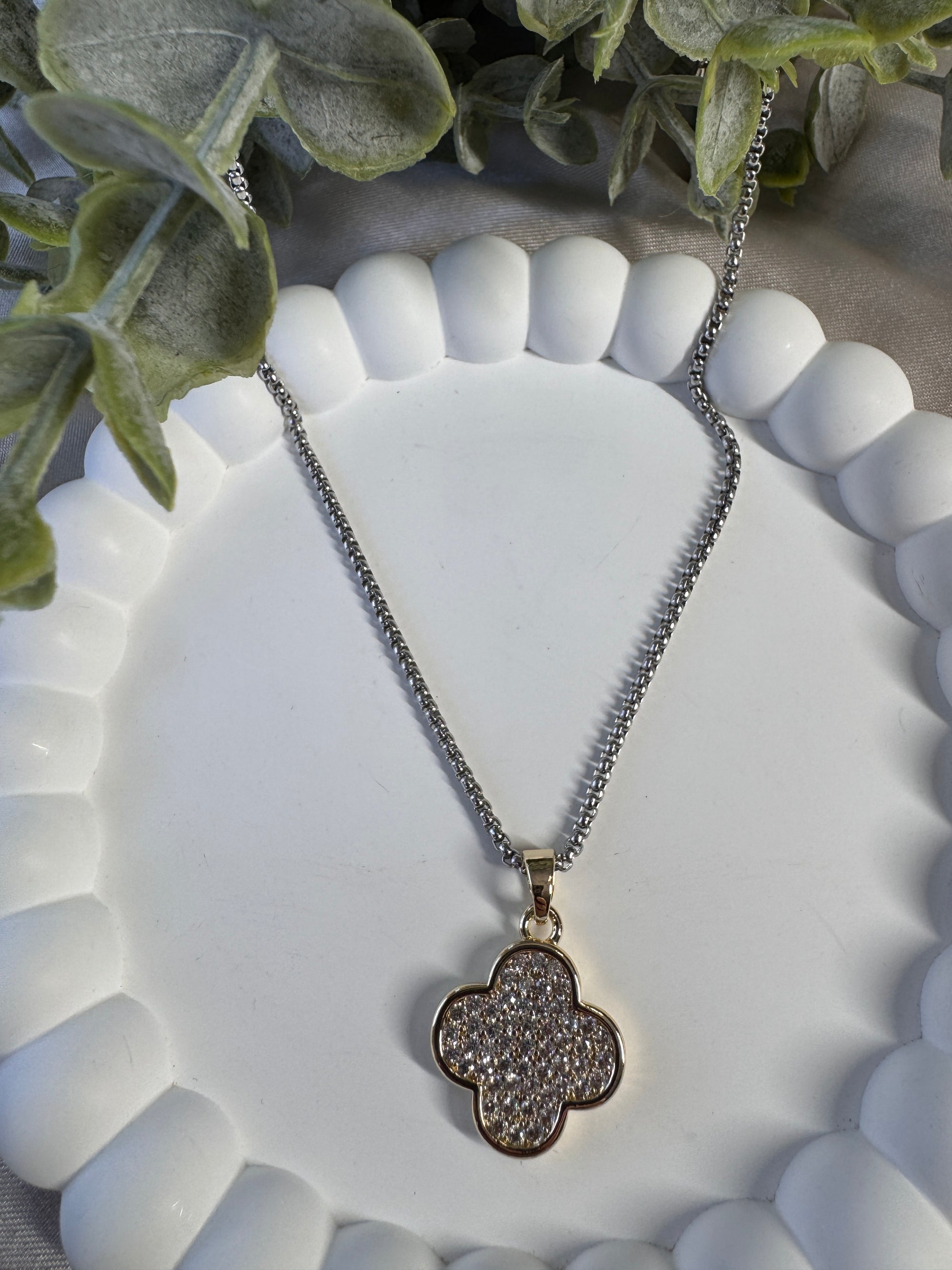 Gold Dipped Two Tone Pave Clover Pendant Necklace
