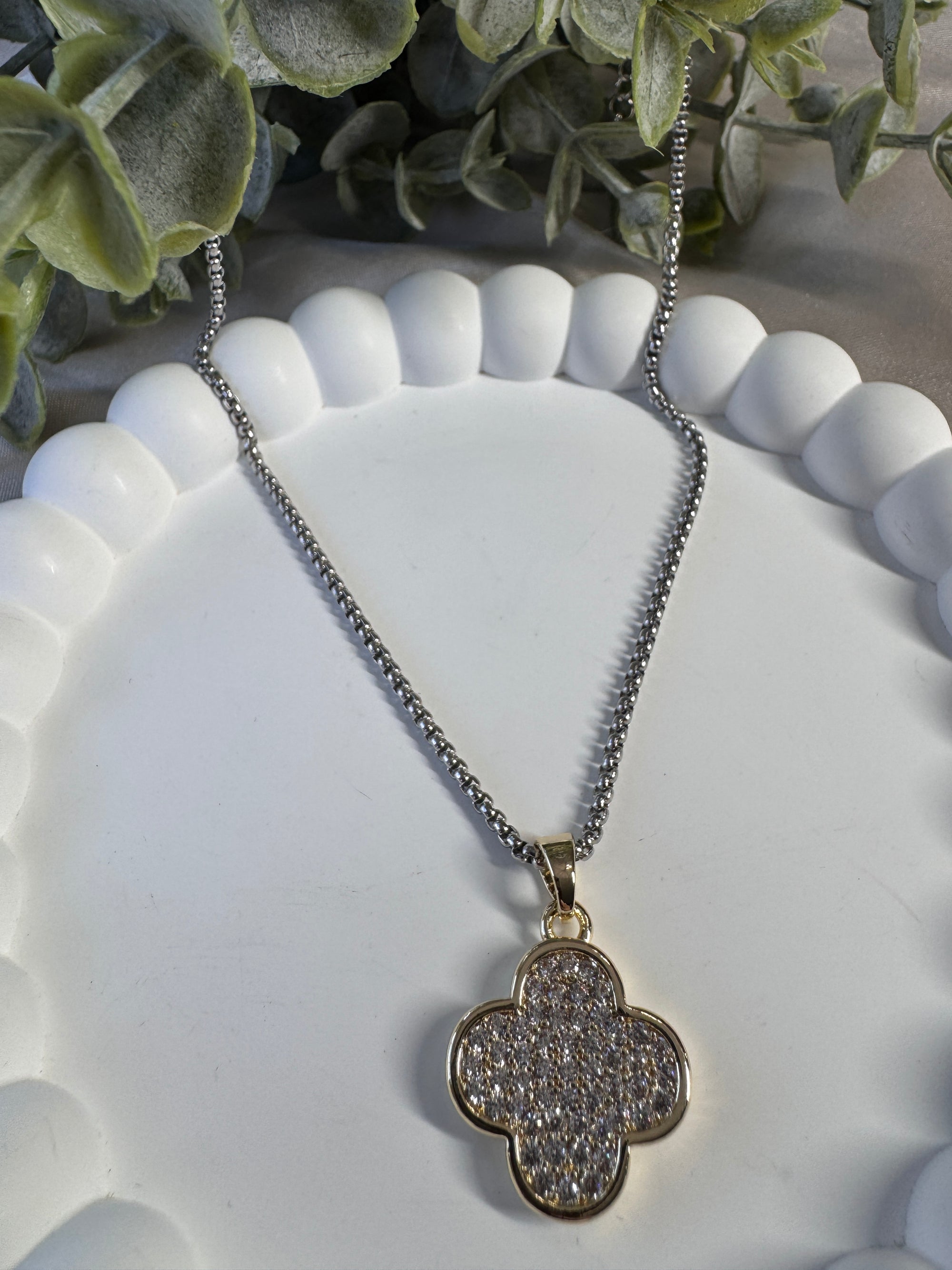 Gold Dipped Two Tone Pave Clover Pendant Necklace