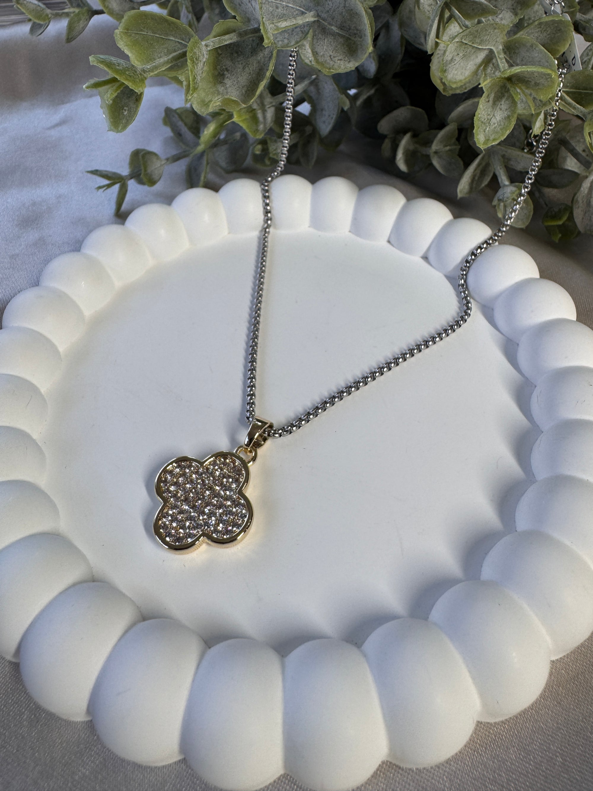 Gold Dipped Two Tone Pave Clover Pendant Necklace