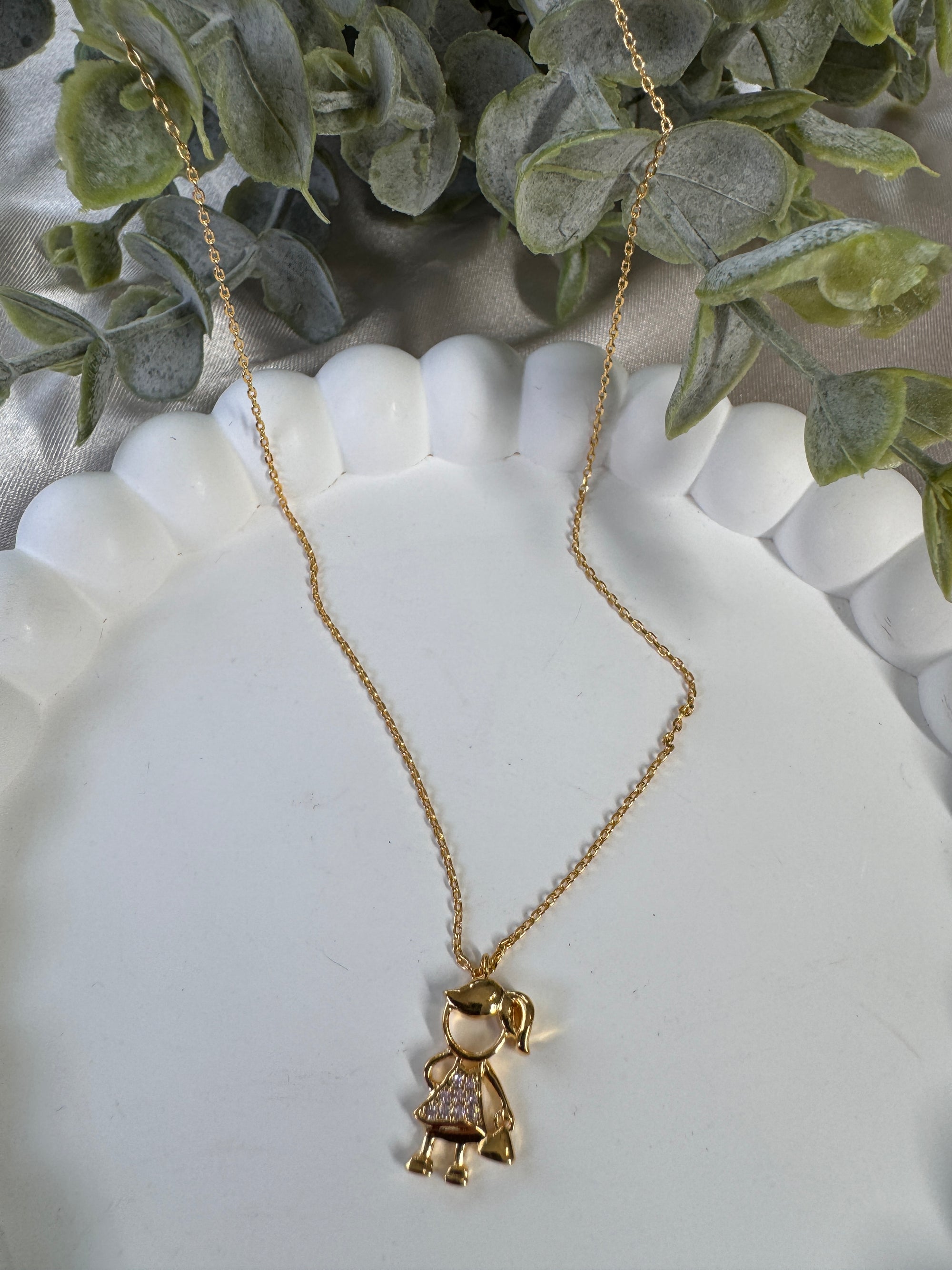 Gold Dipped Studded Girl Figure Pendant Necklace