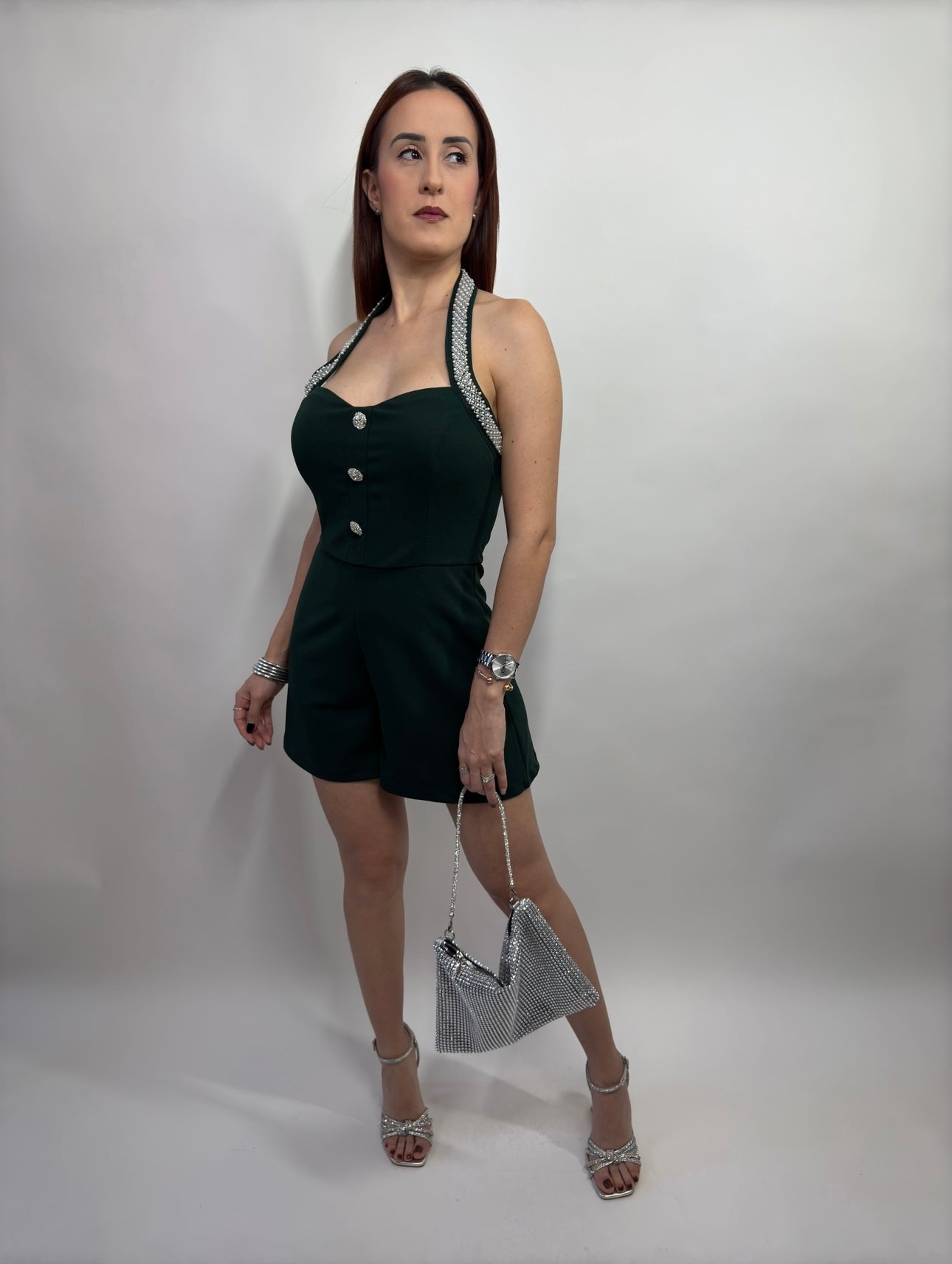 Halter Knit Romper with Crystal trim strap