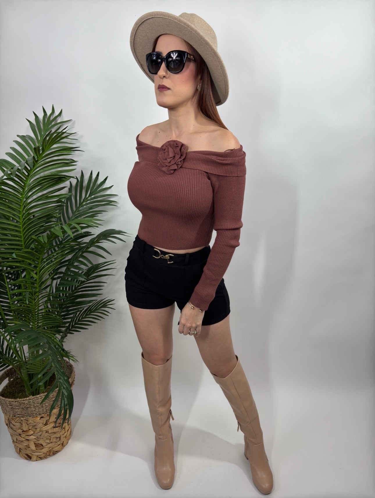 Off shoulder Sweater Top with rose
