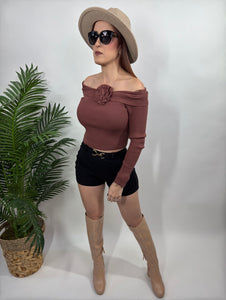 Off shoulder Sweater Top with rose