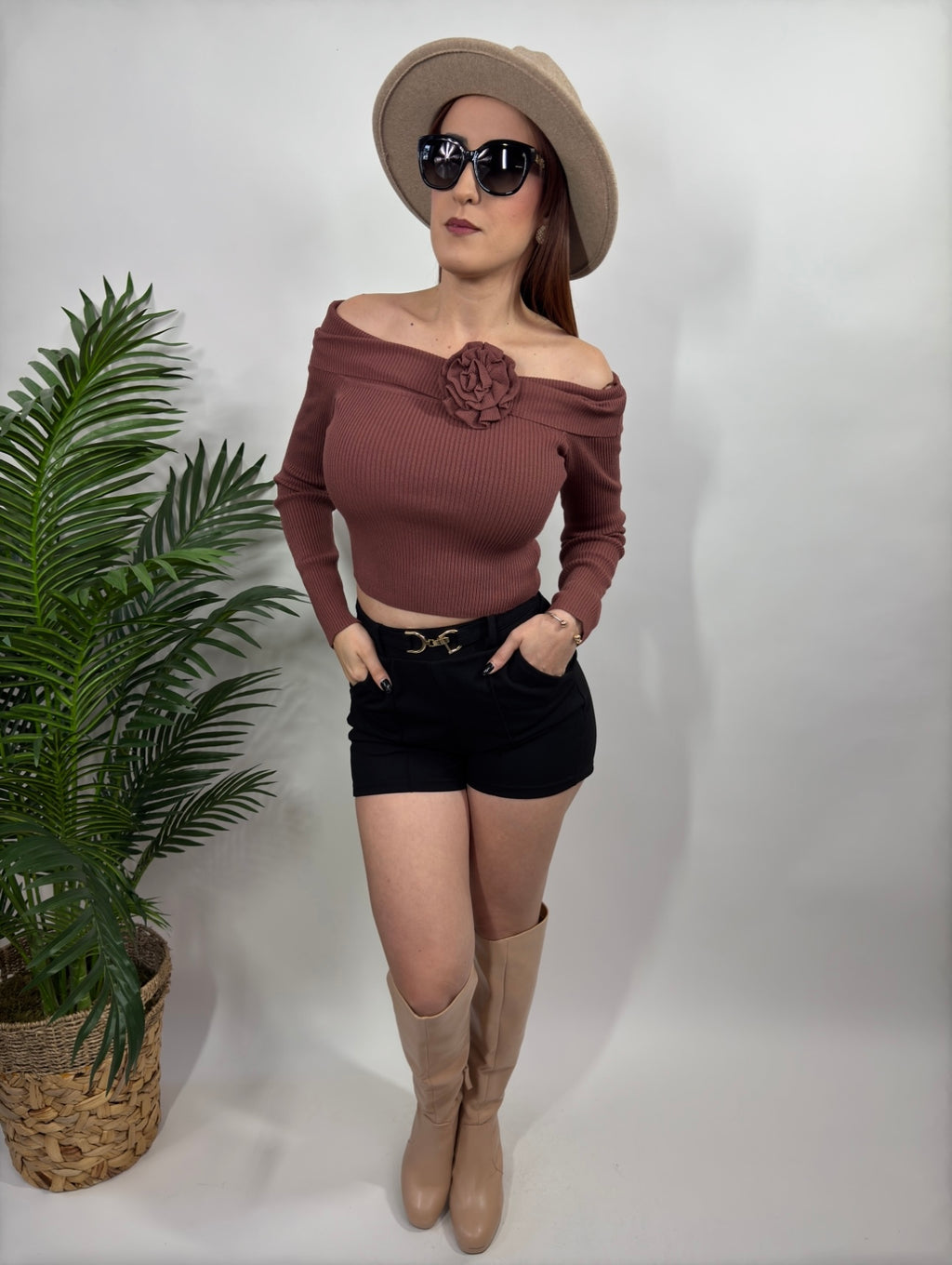 Off shoulder Sweater Top with rose