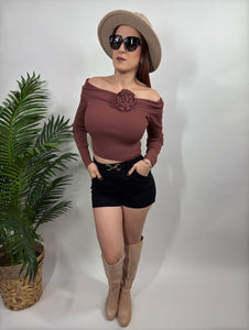Off shoulder Sweater Top with rose
