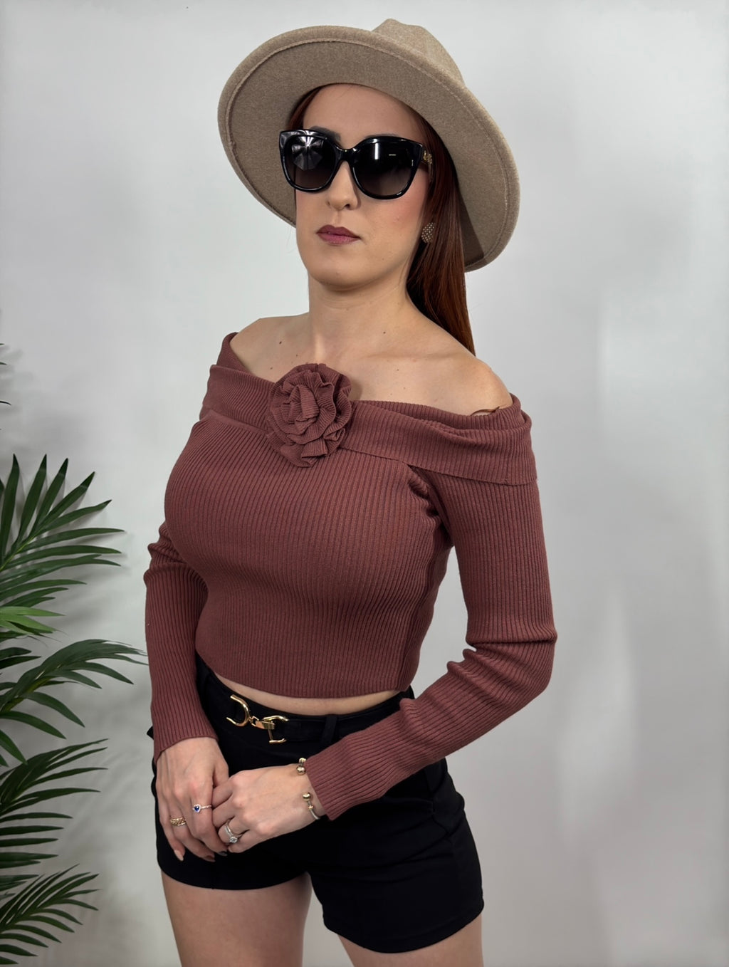 Off shoulder Sweater Top with rose