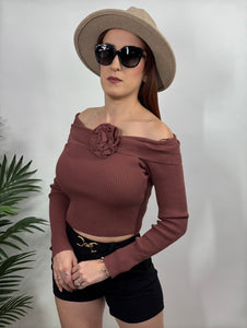 Off shoulder Sweater Top with rose
