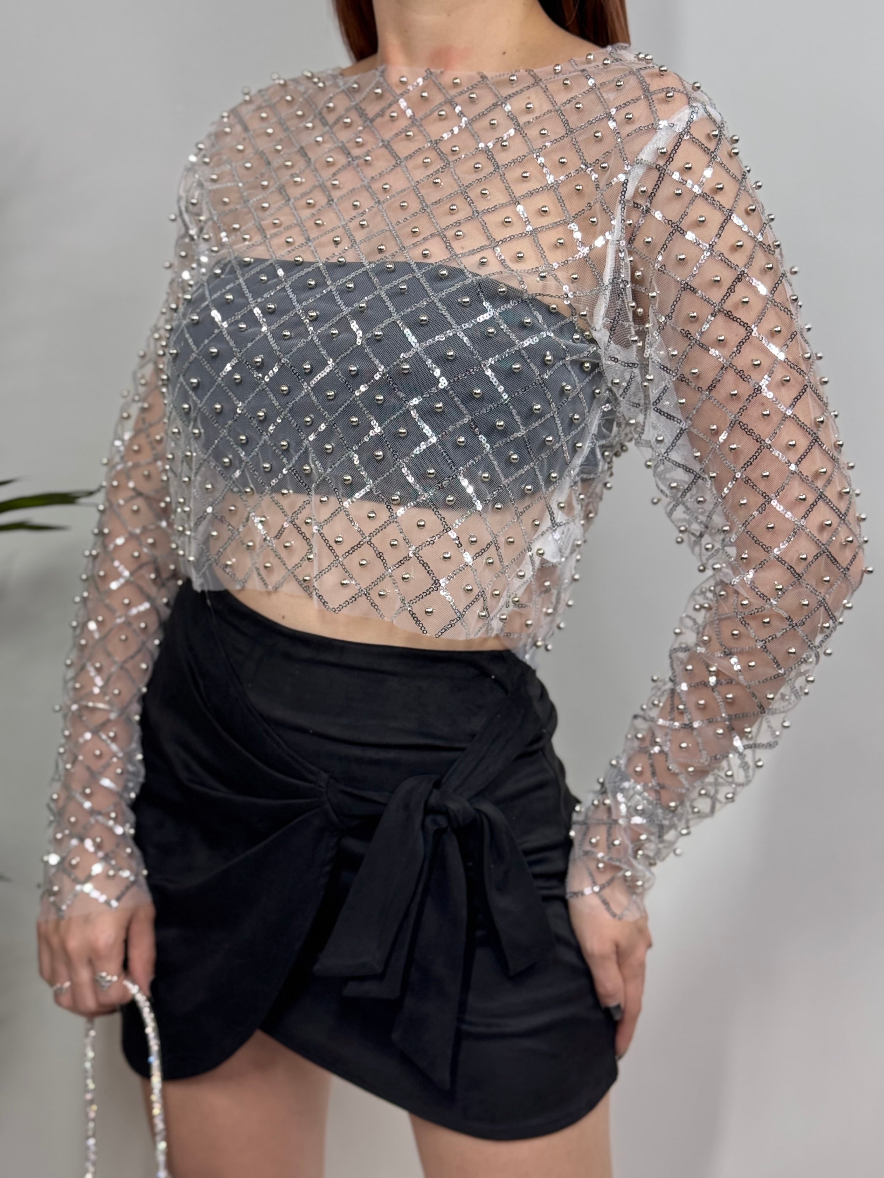 Pearl Sequin Mesh Crop Top
