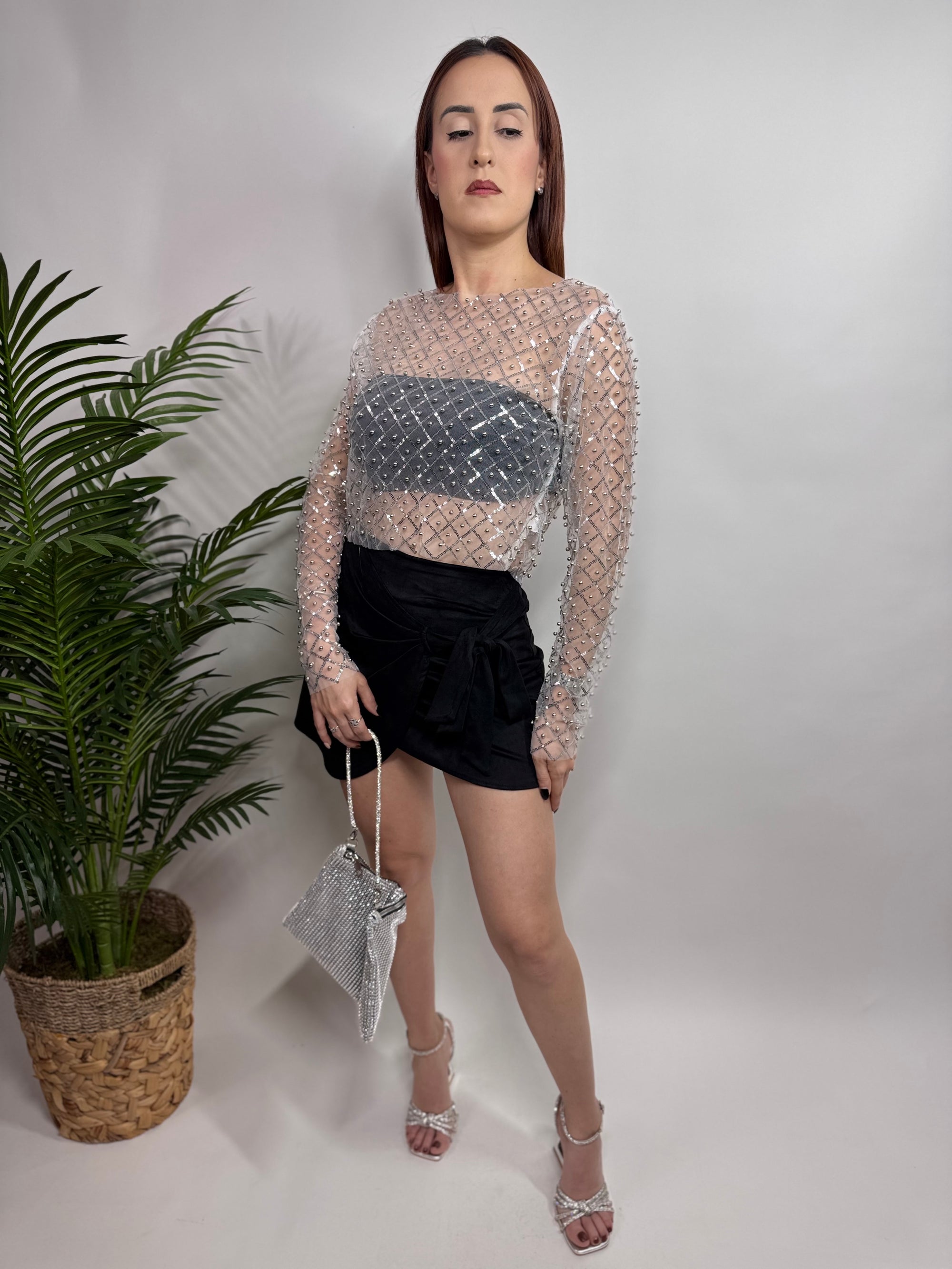 Pearl Sequin Mesh Crop Top