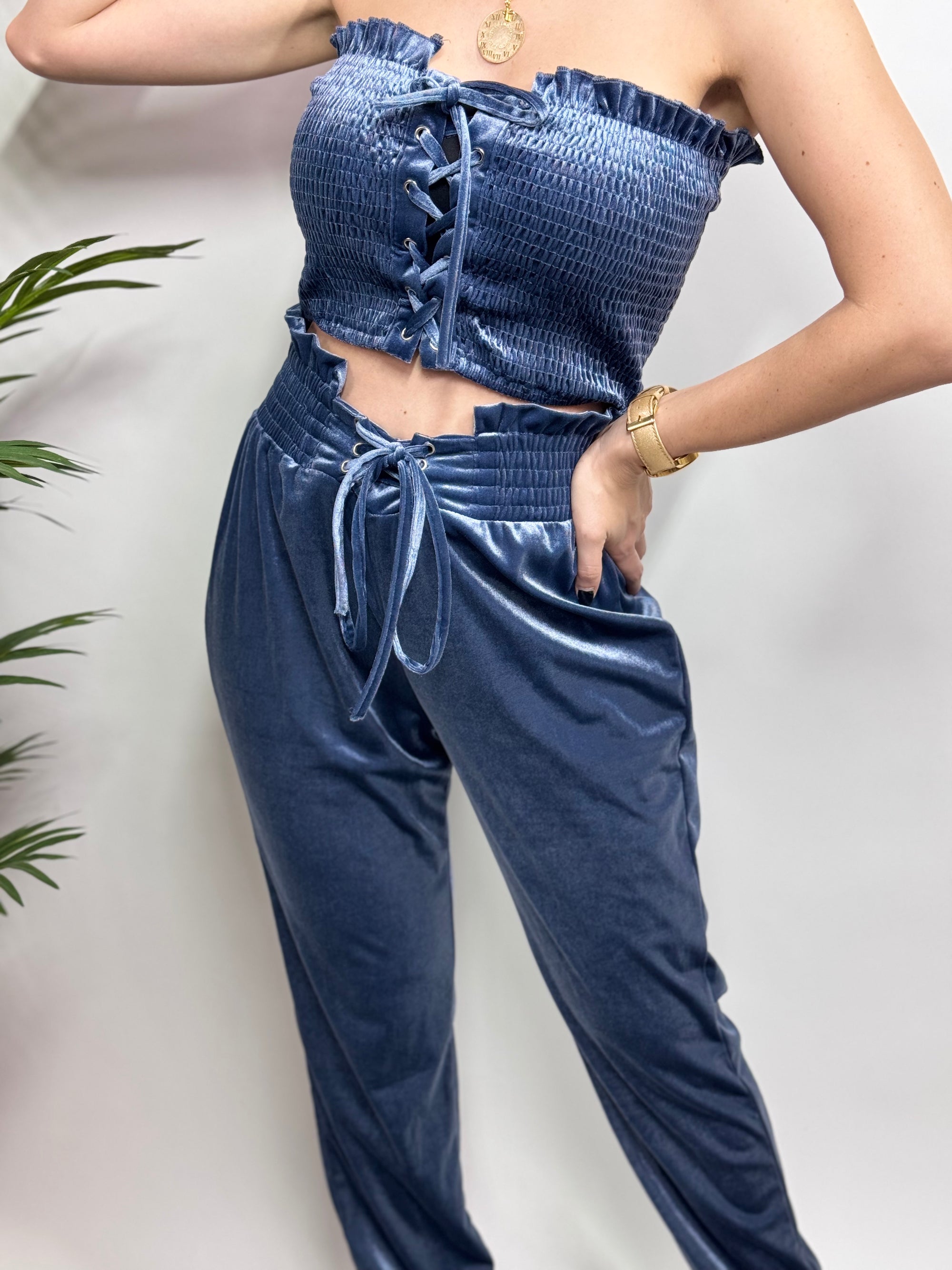 Smocking Lace-Up Tube Top and Pants Set
