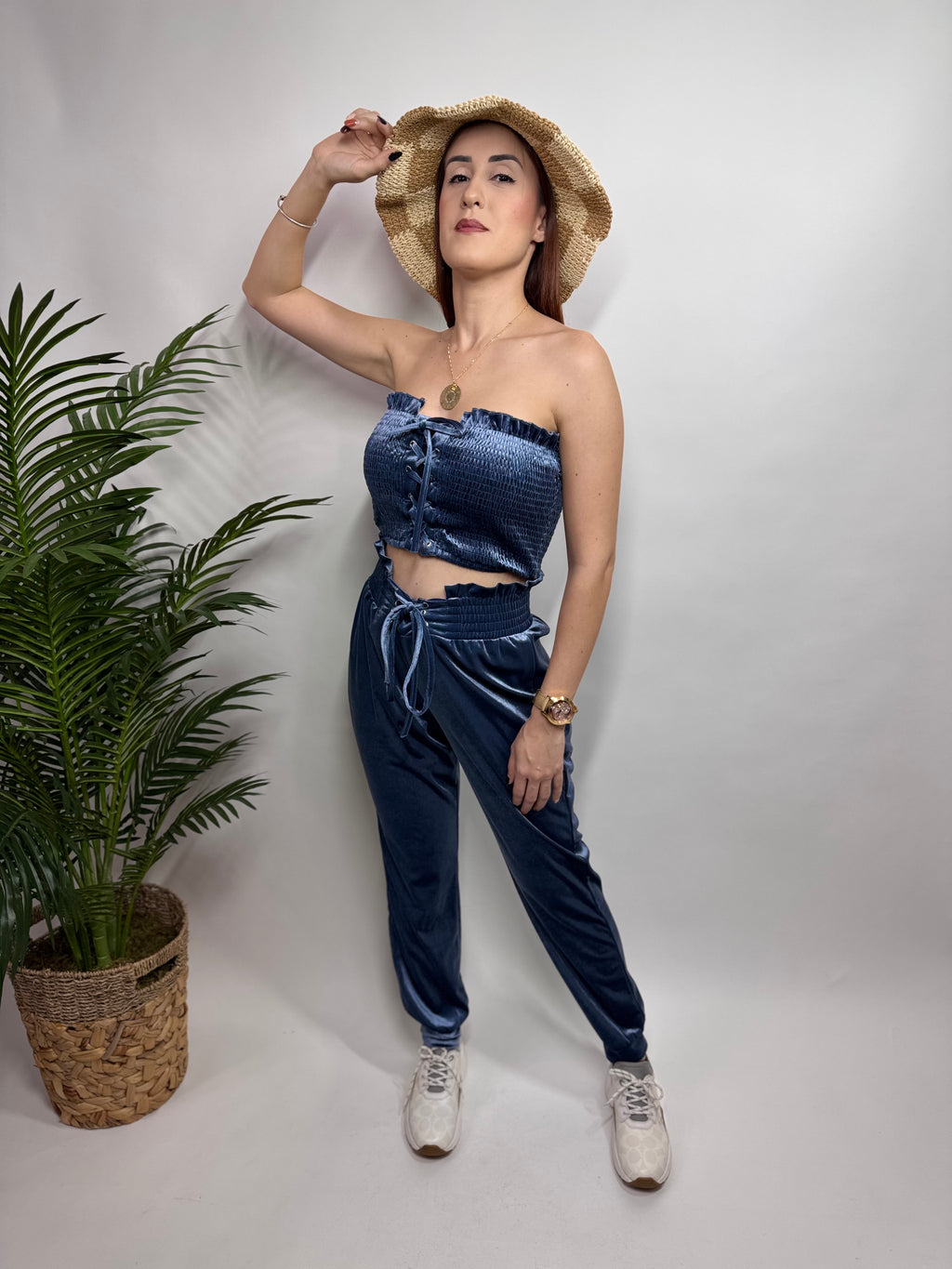 Smocking Lace-Up Tube Top and Pants Set