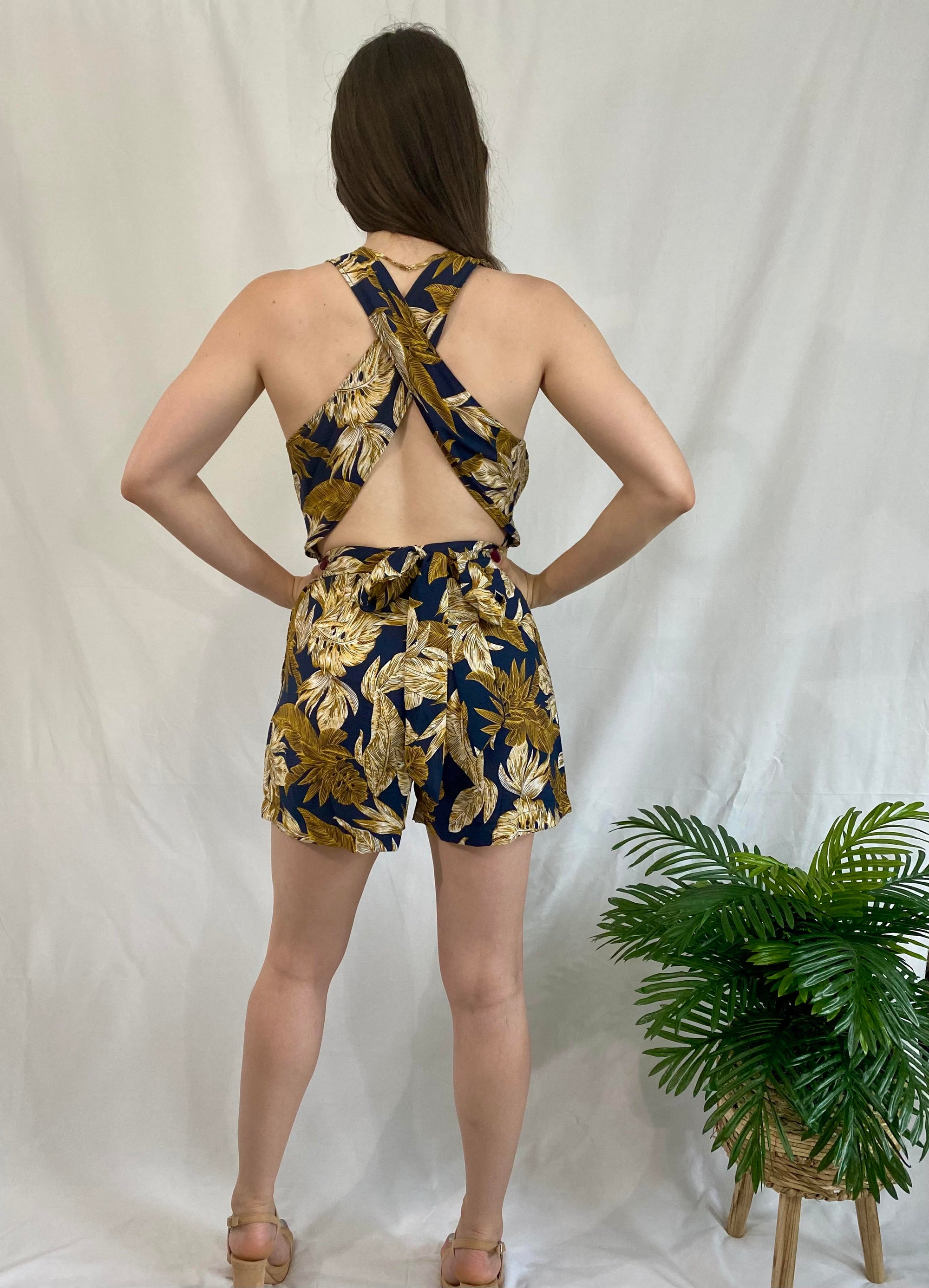 Tropical Print Romper W/Crossover Waist Tie