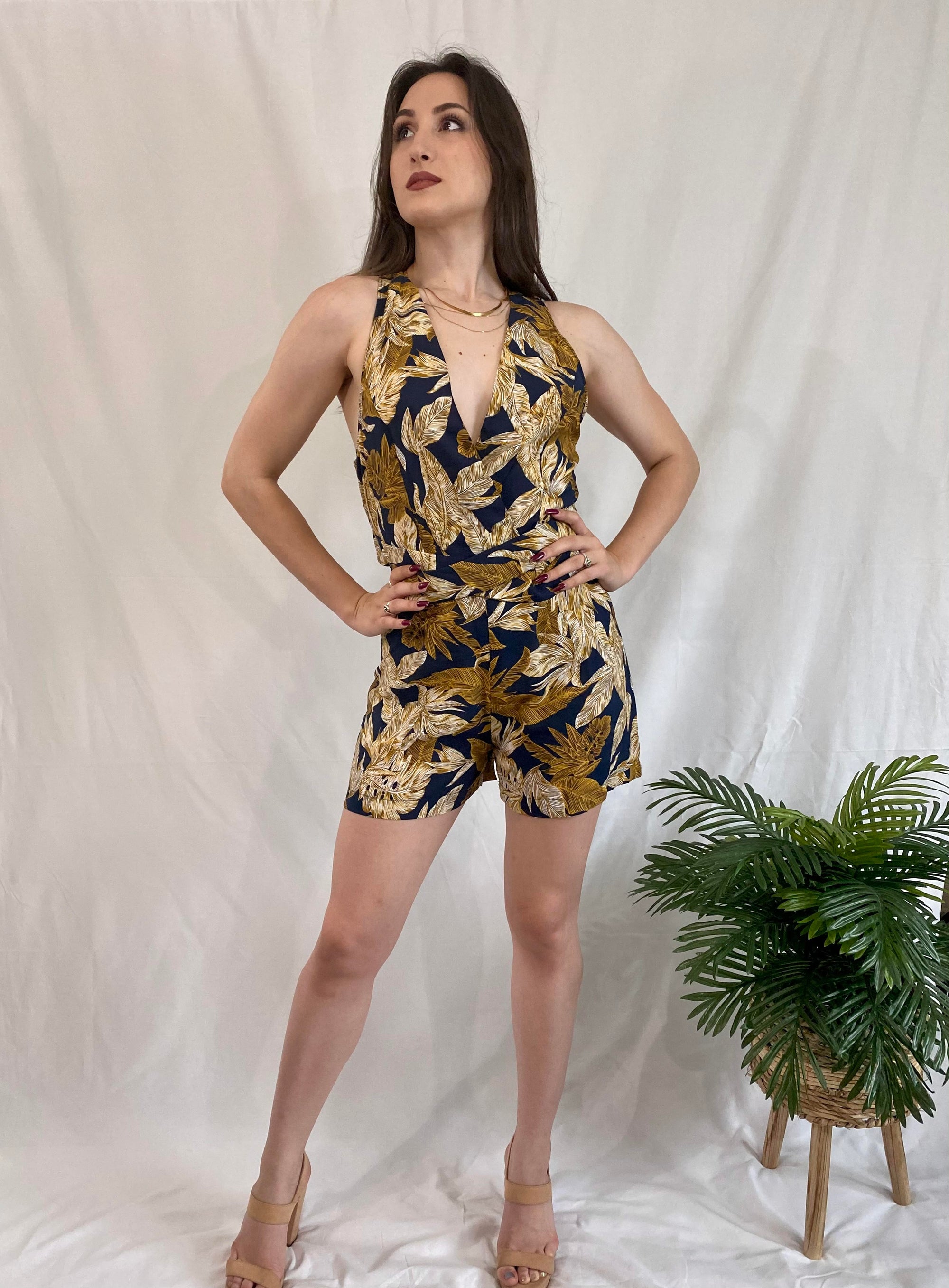 Tropical Print Romper W/Crossover Waist Tie