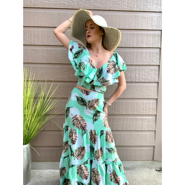 Plaid Printed Ruffle Sleeve Top and Maxi Skirt Set