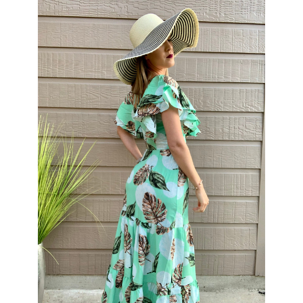 Plaid Printed Ruffle Sleeve Top and Maxi Skirt Set