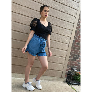Elastic Ruffled Hem Denim Shorts
